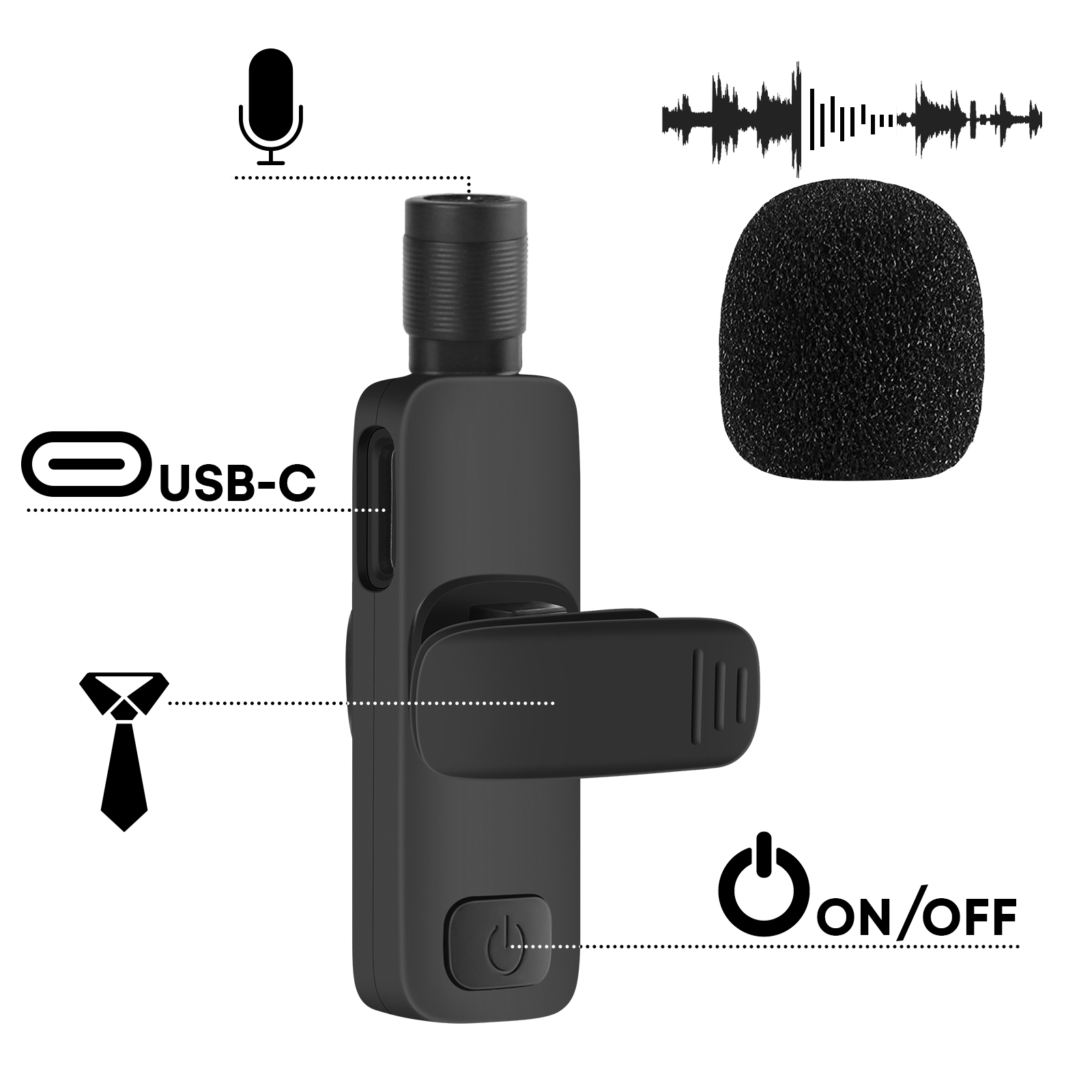 Micrófono negro con USB-C, clip, parabrisas y símbolo de encendido/apagado.