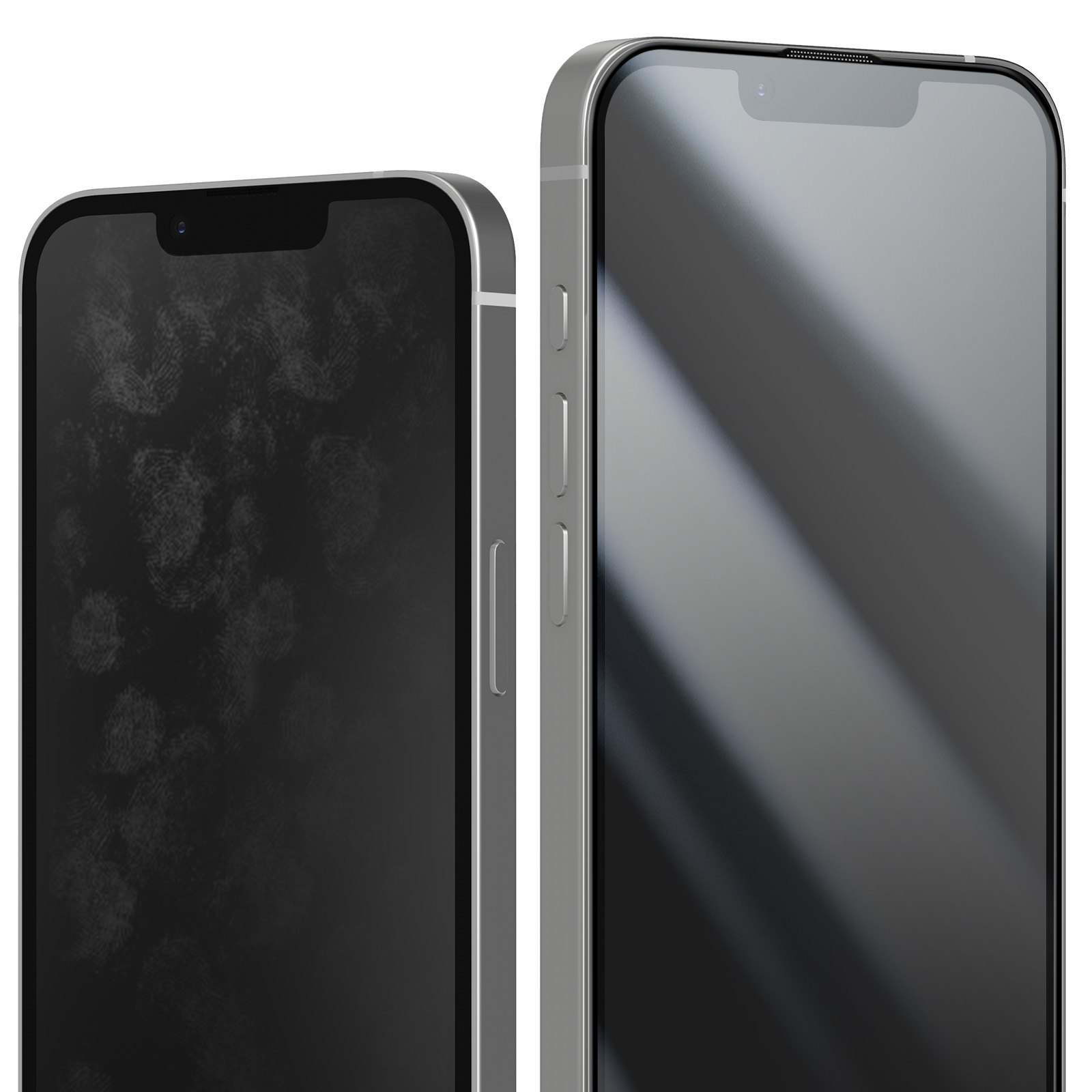 Two smartphones side-by-side, one with fingerprints on its screen.