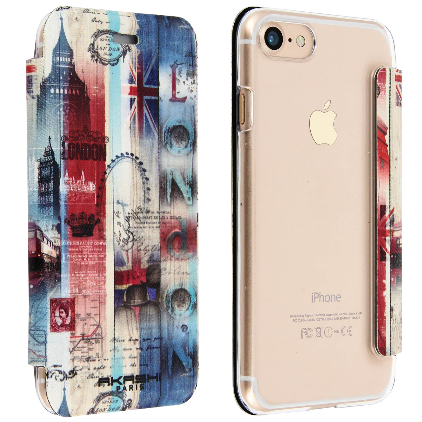Una custodia per iPhone a tema Londra presenta il Big Ben, il London Eye e l'Union Jack.