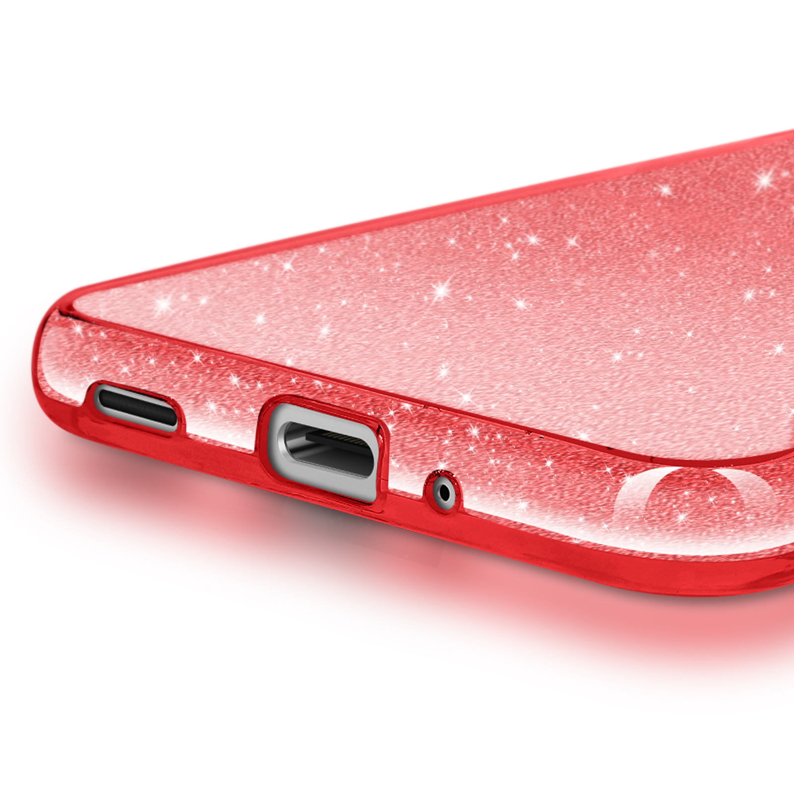 Cover rossa per telefono con glitter e porte.