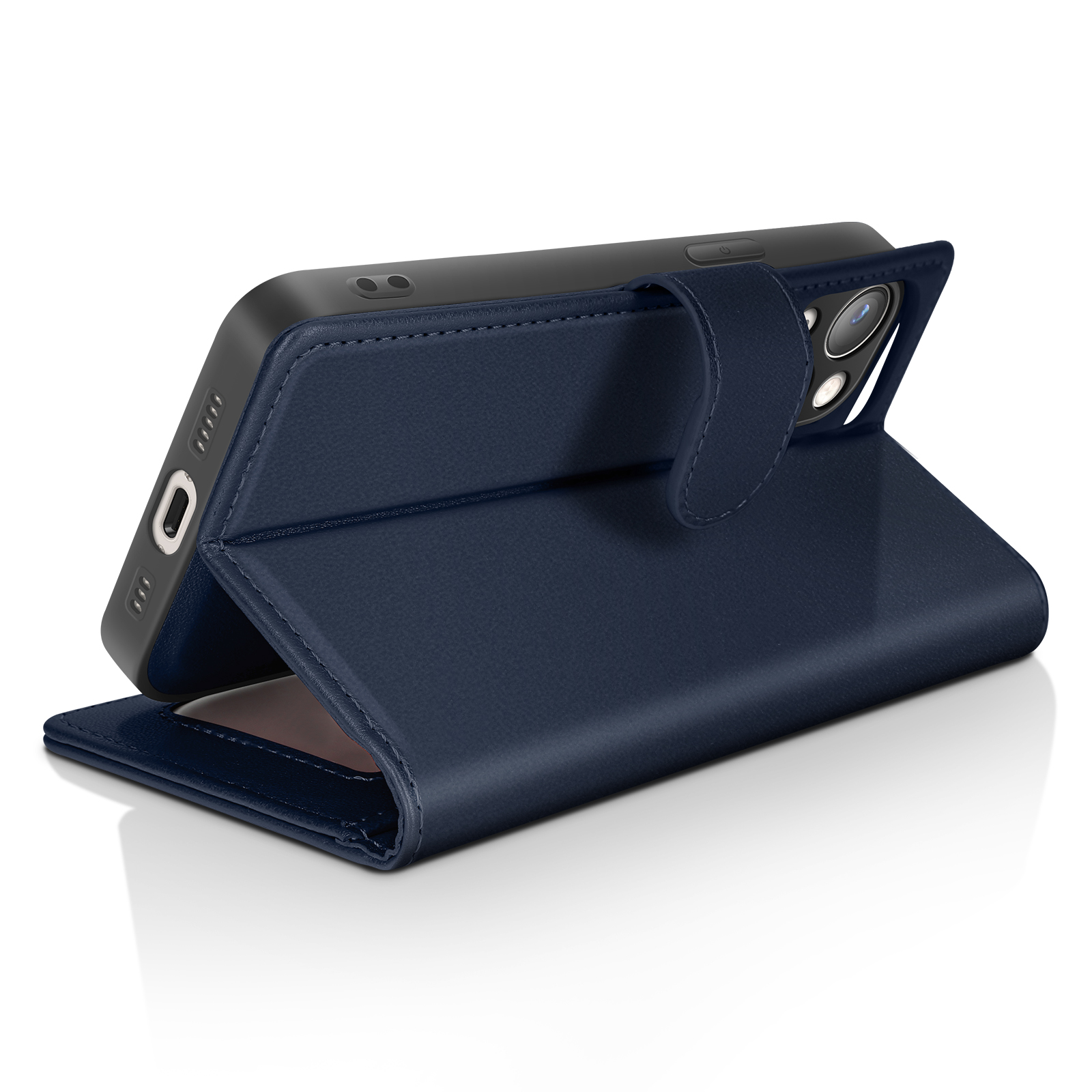 Custodia a libro in pelle blu scuro per smartphone, vista laterale.