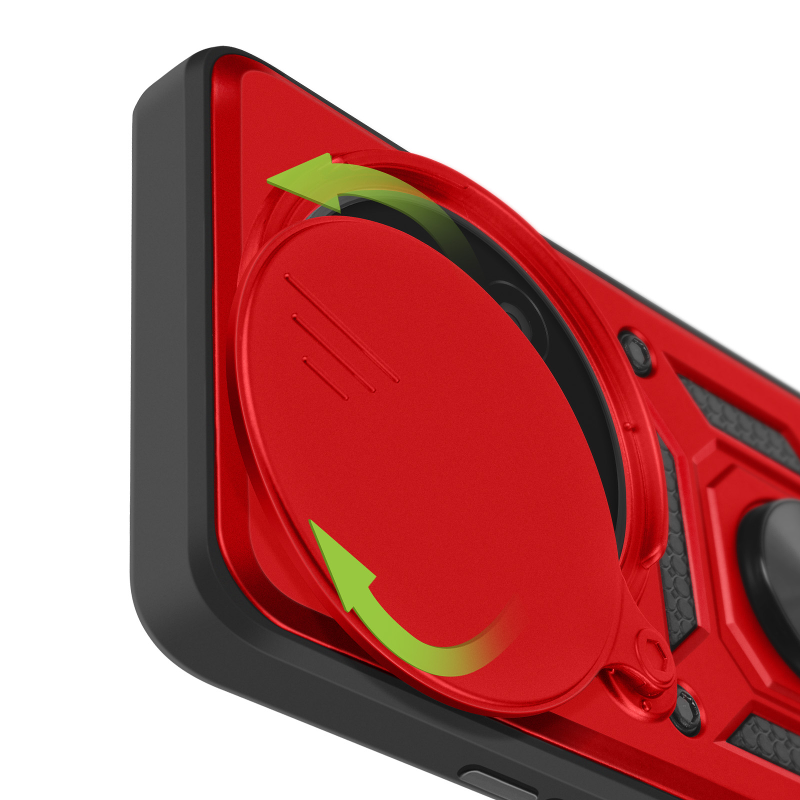 Custodia rossa per telefono con anello integrato e frecce di rotazione.