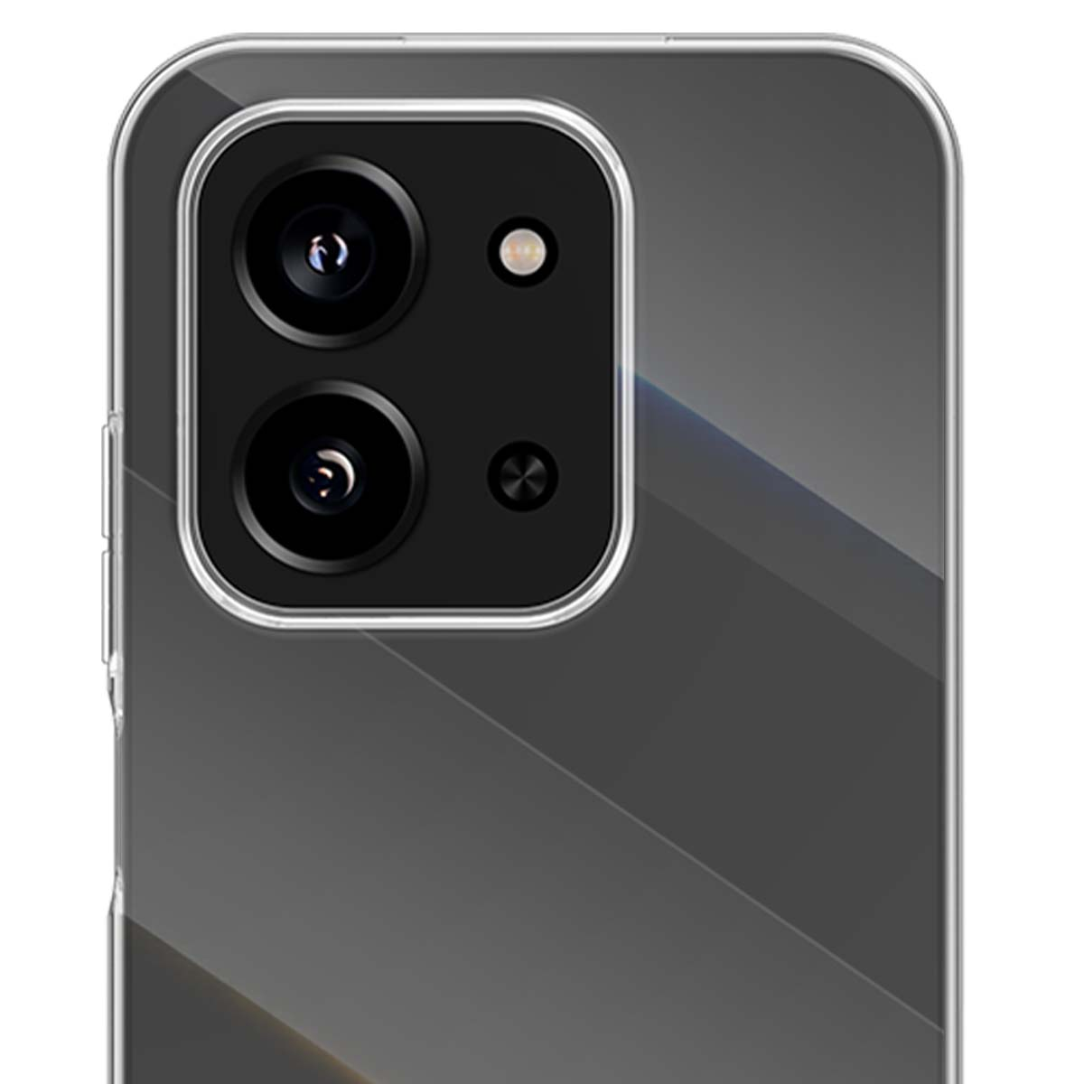 Primo piano del modulo fotocamera nero di uno smartphone con due lenti e flash.
