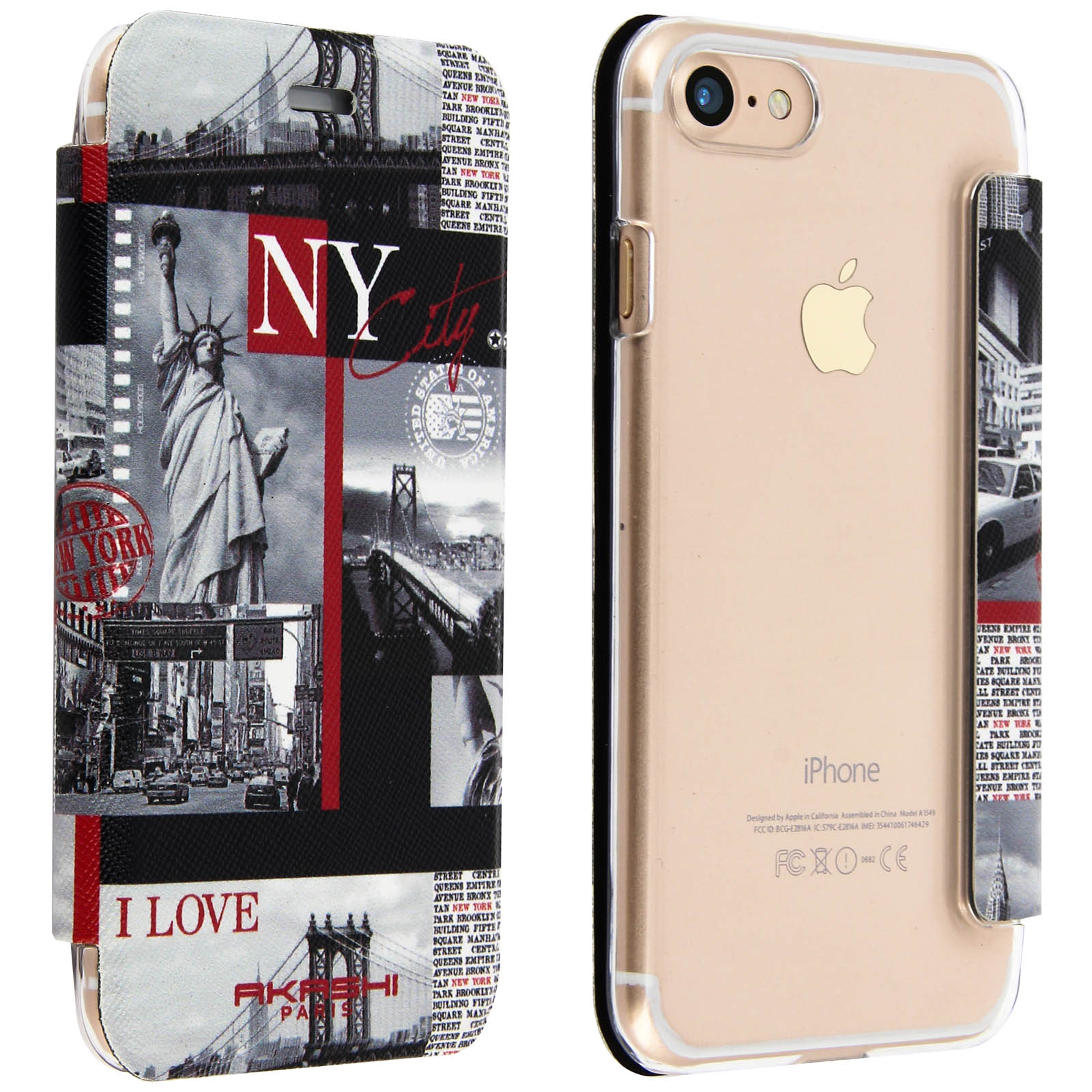 Una custodia per iPhone con skyline di New York e Statua della Libertà.