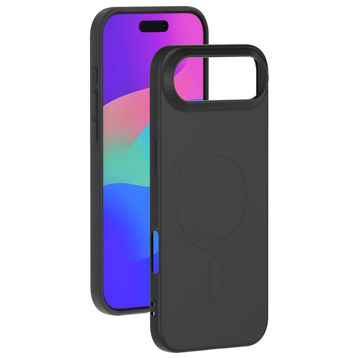 Custodia nera per telefono con cerchio MagSafe accanto a uno smartphone con schermo colorato.