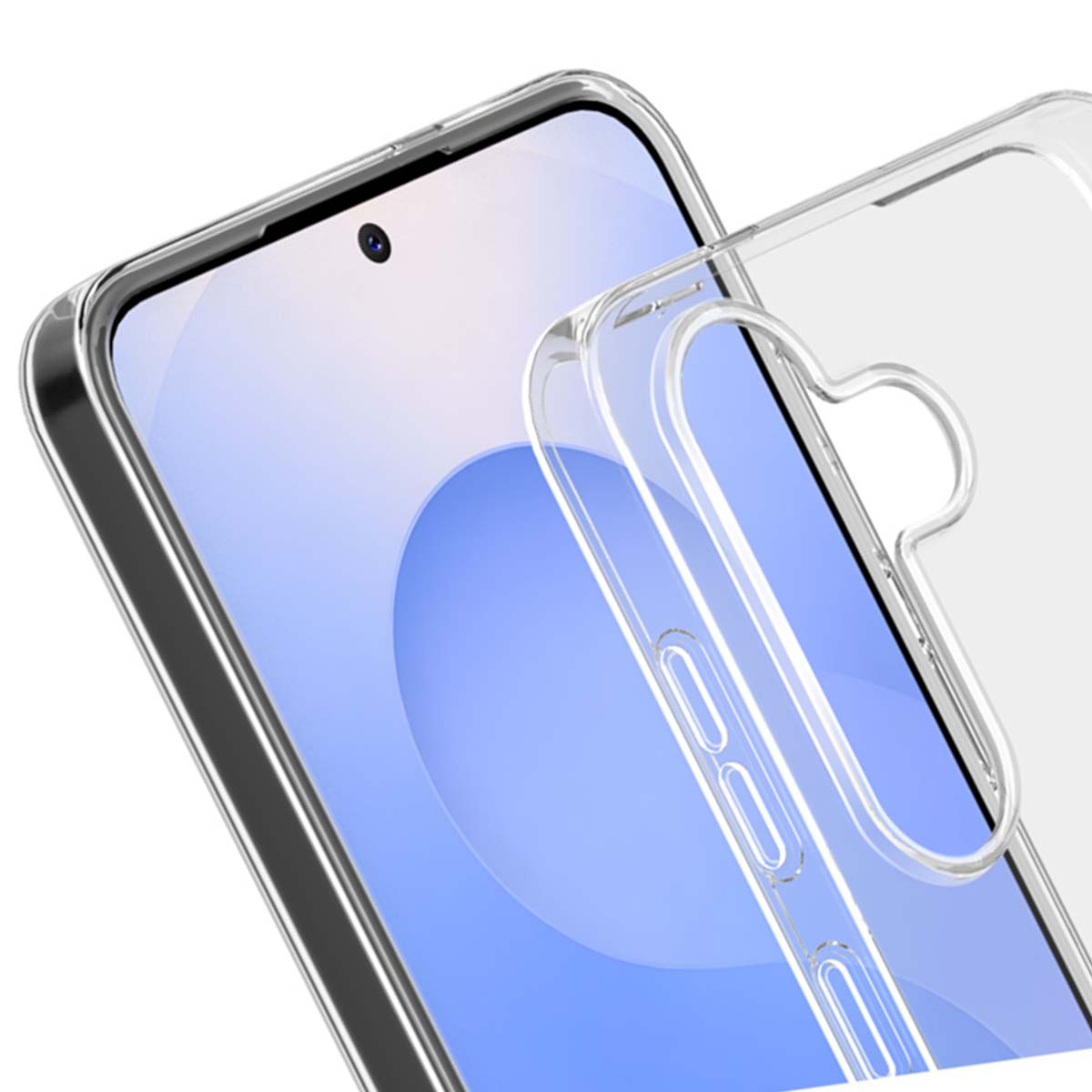 Una custodia trasparente per telefono è posta su uno smartphone. La custodia ha pulsanti.