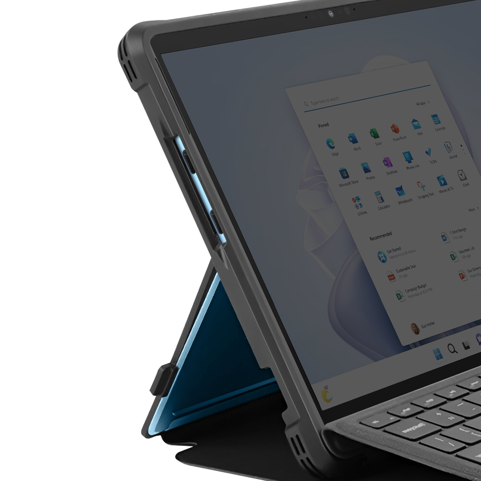 Un tablet nero con supporto blu mostra un'interfaccia Windows con icone di app.