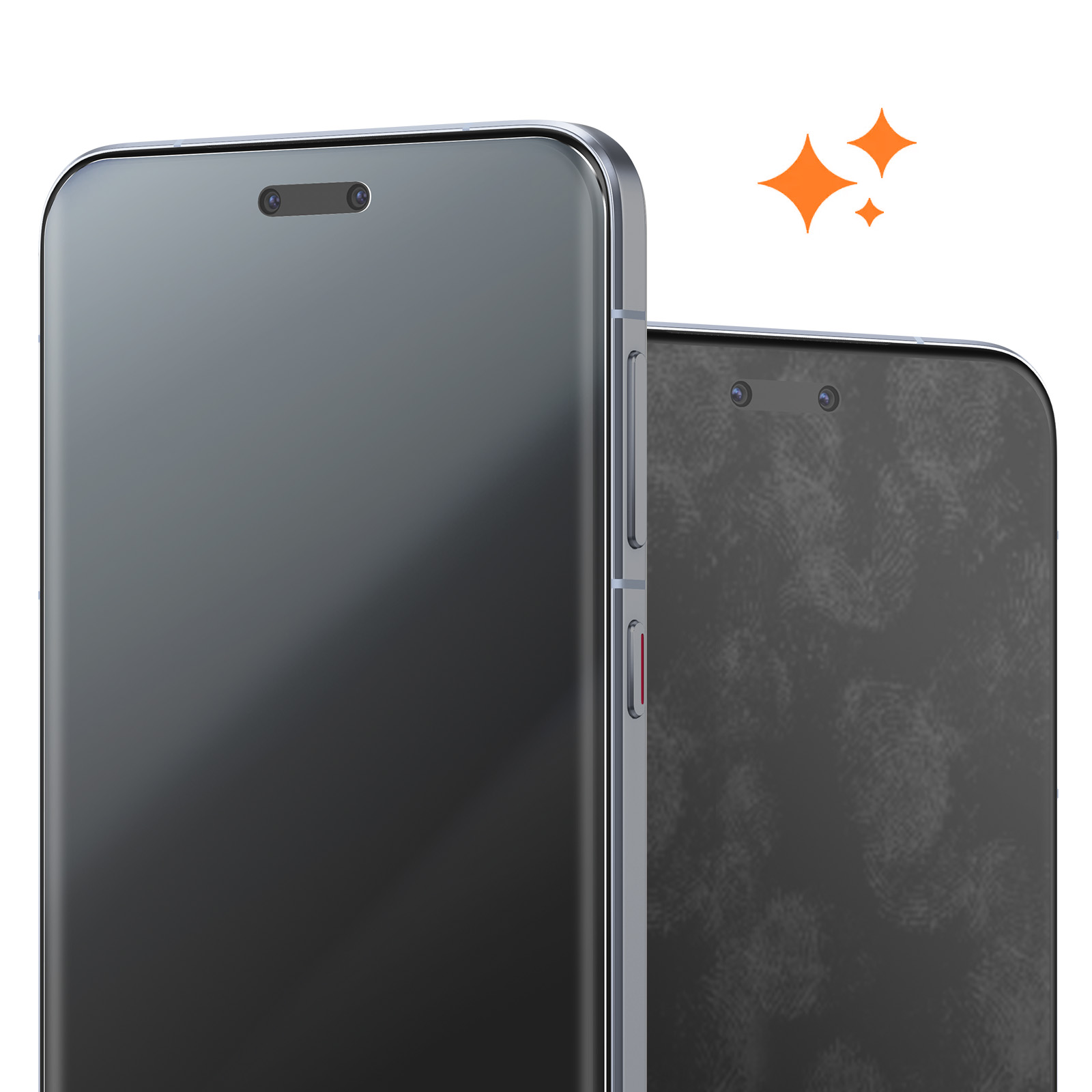 Due smartphone scuri uno accanto all'altro, uno con impronte.