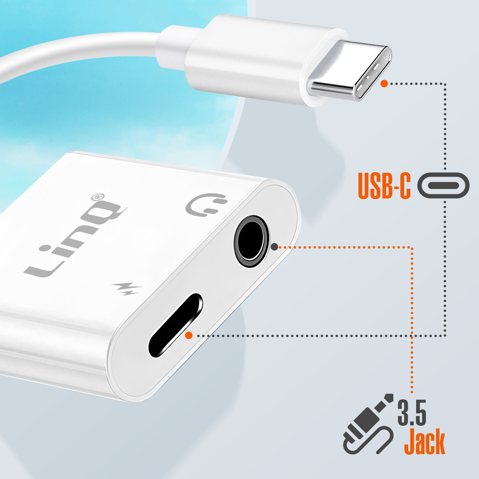 Un adattatore USB-C bianco con jack da 3,5 mm e porta di ricarica.
