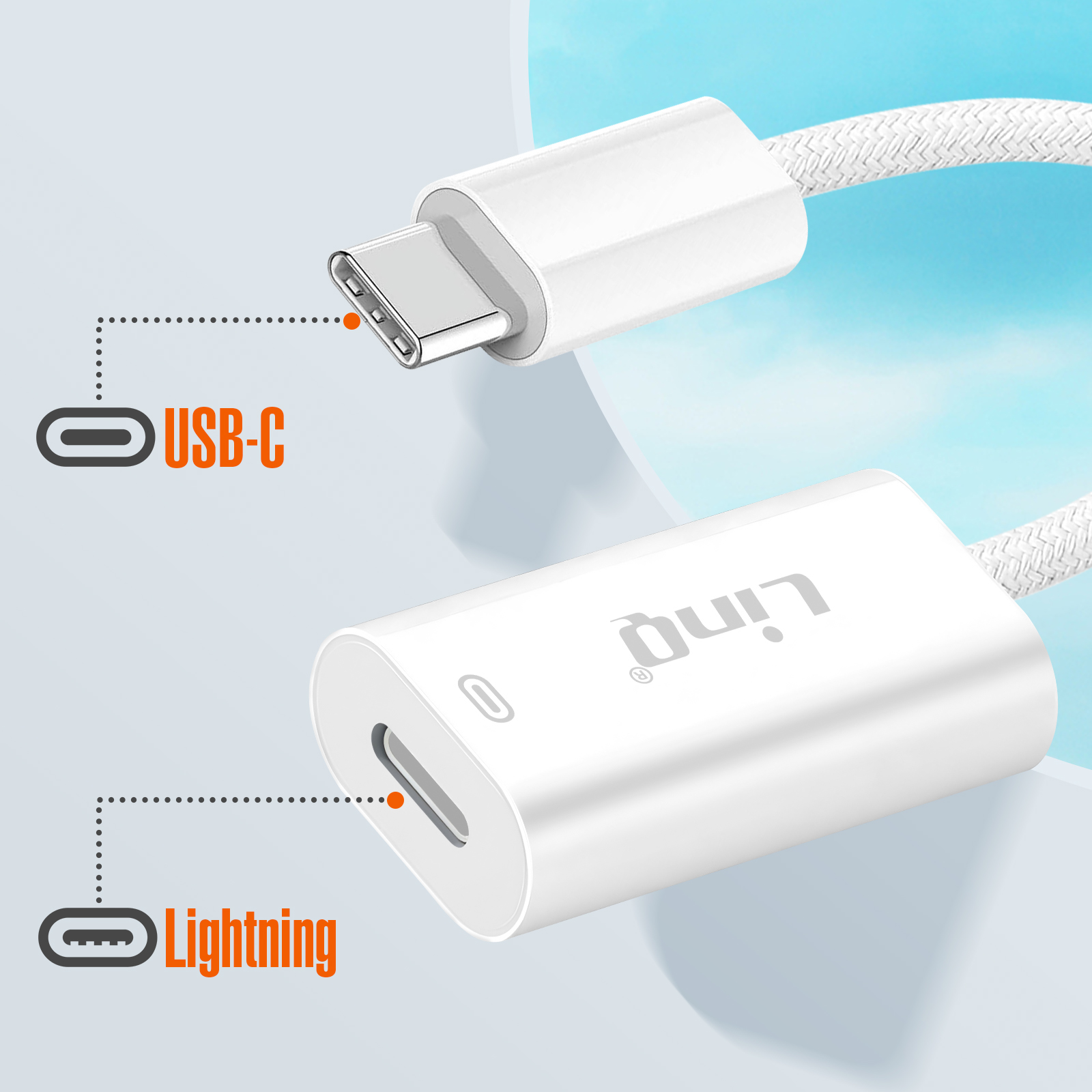 Un adaptateur blanc USB-C vers Lightning avec câbles.