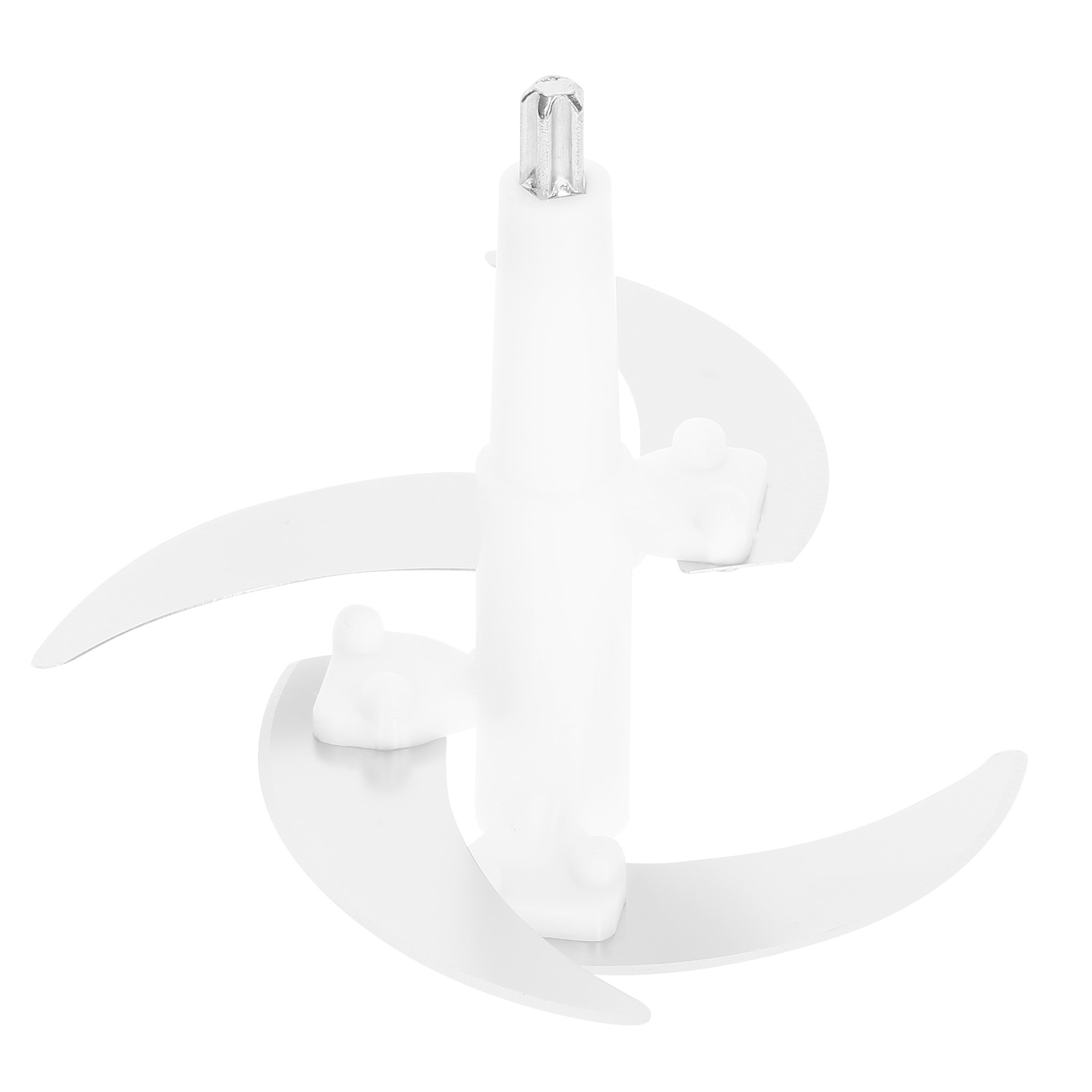 Un accessorio coltello bianco a quattro lame per un robot da cucina, con mandrino metallico argentato in alto.