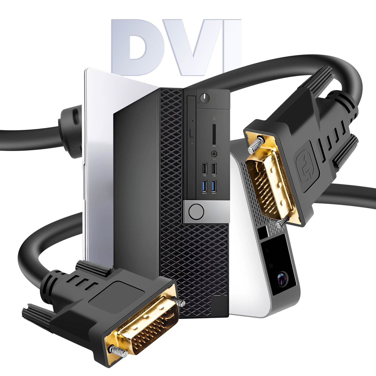 Czarny konektor kabla DVI ze srebrną obudową komputera.