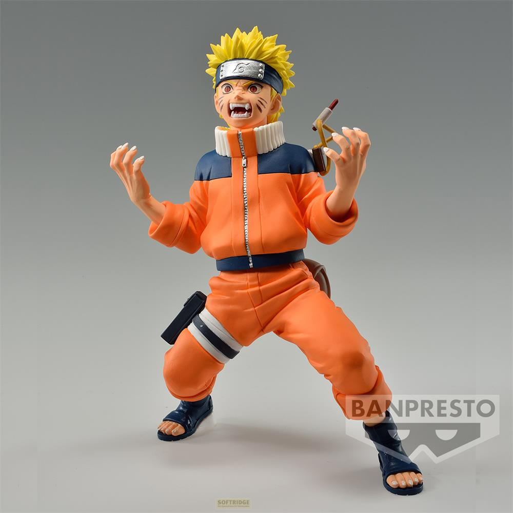 Naruto-Figur in orangefarbener Jacke und Hose, blauem Stirnband, mit erhobenen Händen.