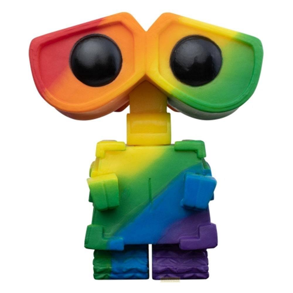 Ein Spielzeugroboter mit Regenbogenfarben und schwarzen Augen.