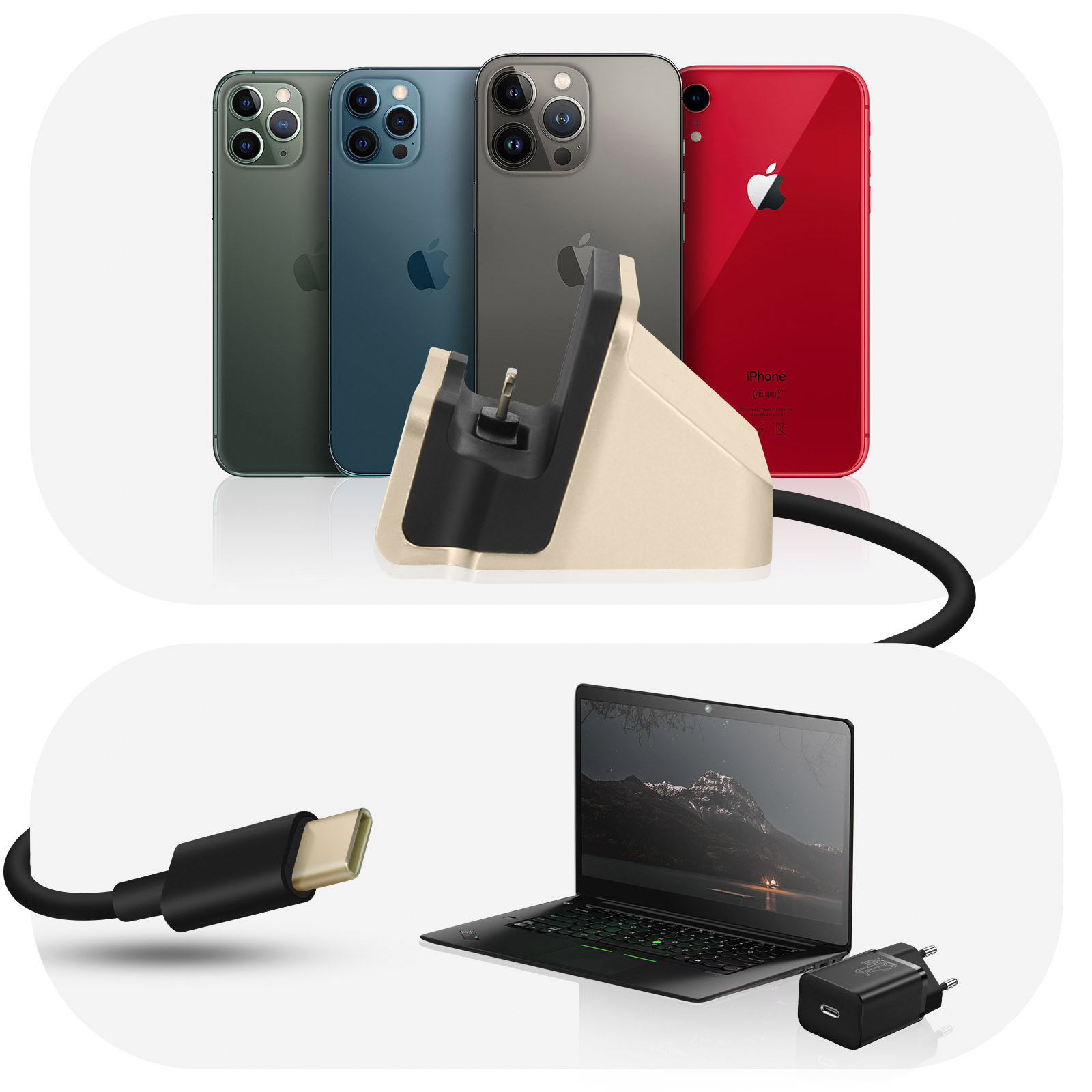 Vier iPhones in grün, blau, grau und rot neben einer Ladestation. Unten: Laptop mit Kabel und Ladegerät.