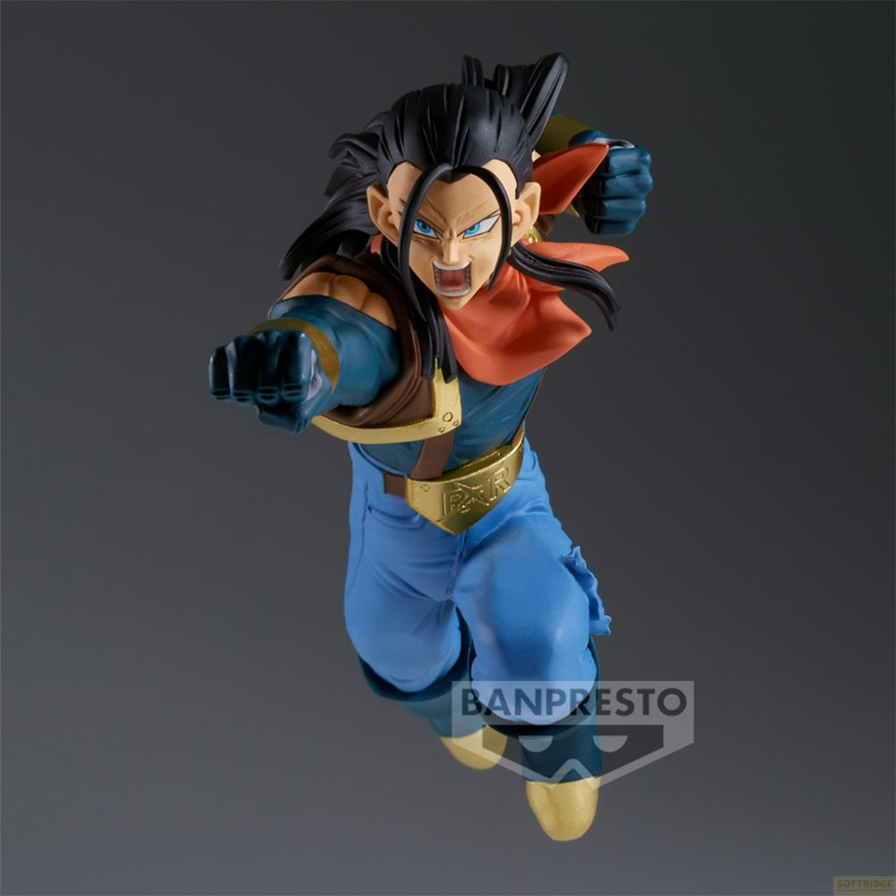 Figura de acción de Androide 17 con atuendo azul, saltando con los puños hacia adelante.