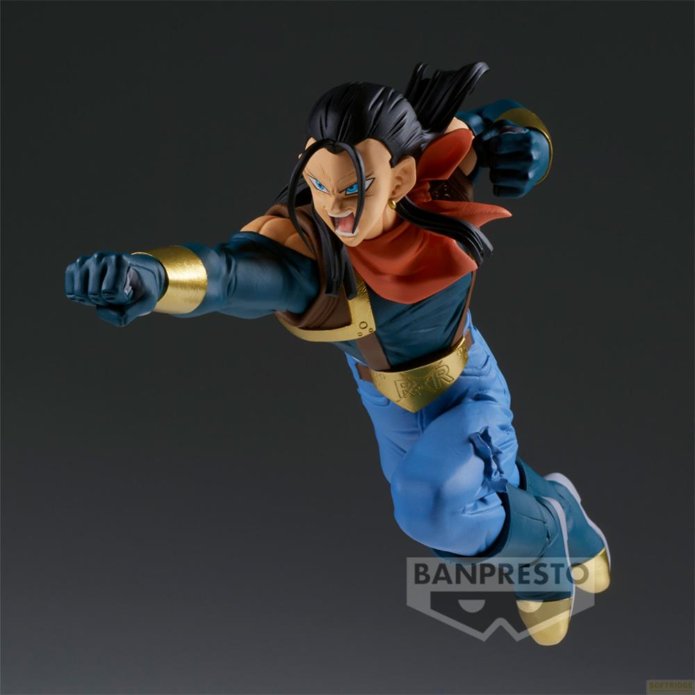 Una figura de Android 17 en acción, con pantalones azules y bufanda roja.