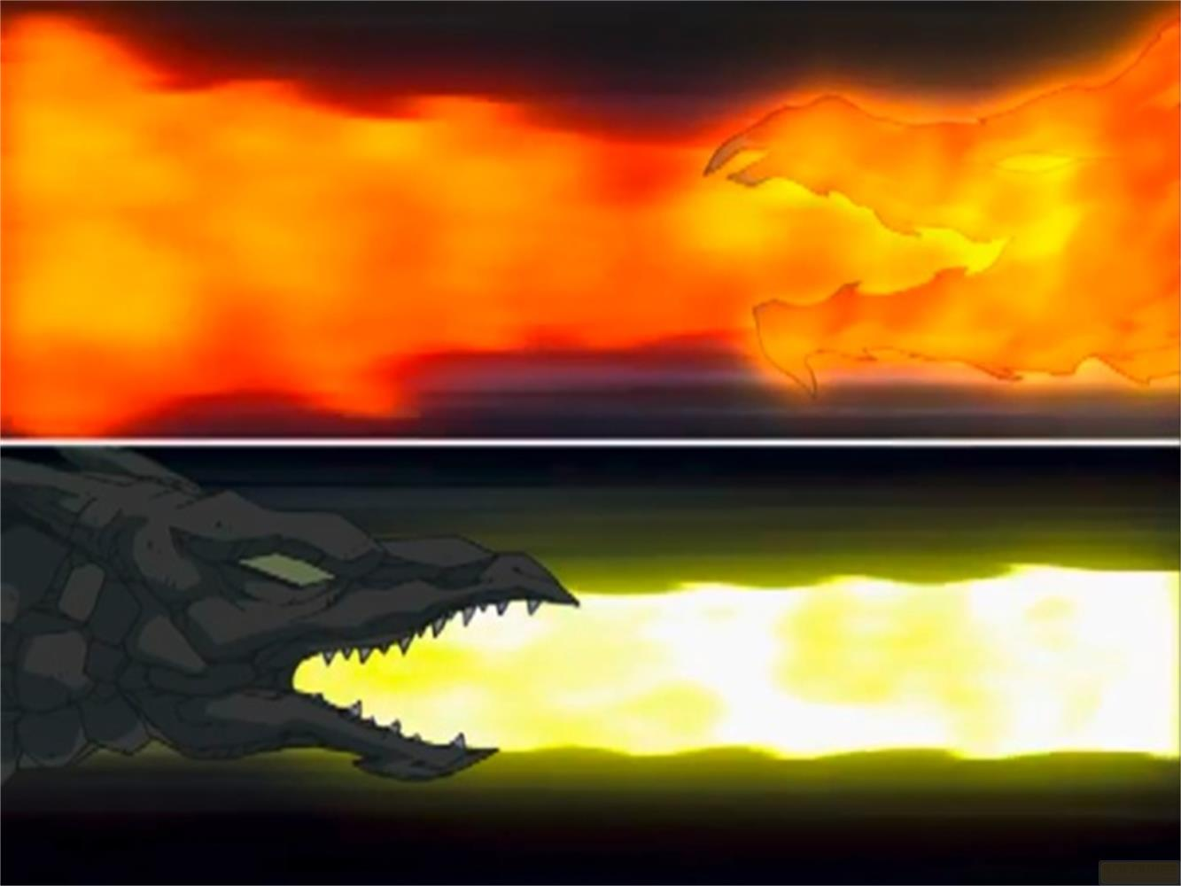 Un drago oscuro sputa energia gialla mentre fiamme rosse arrivano da destra.