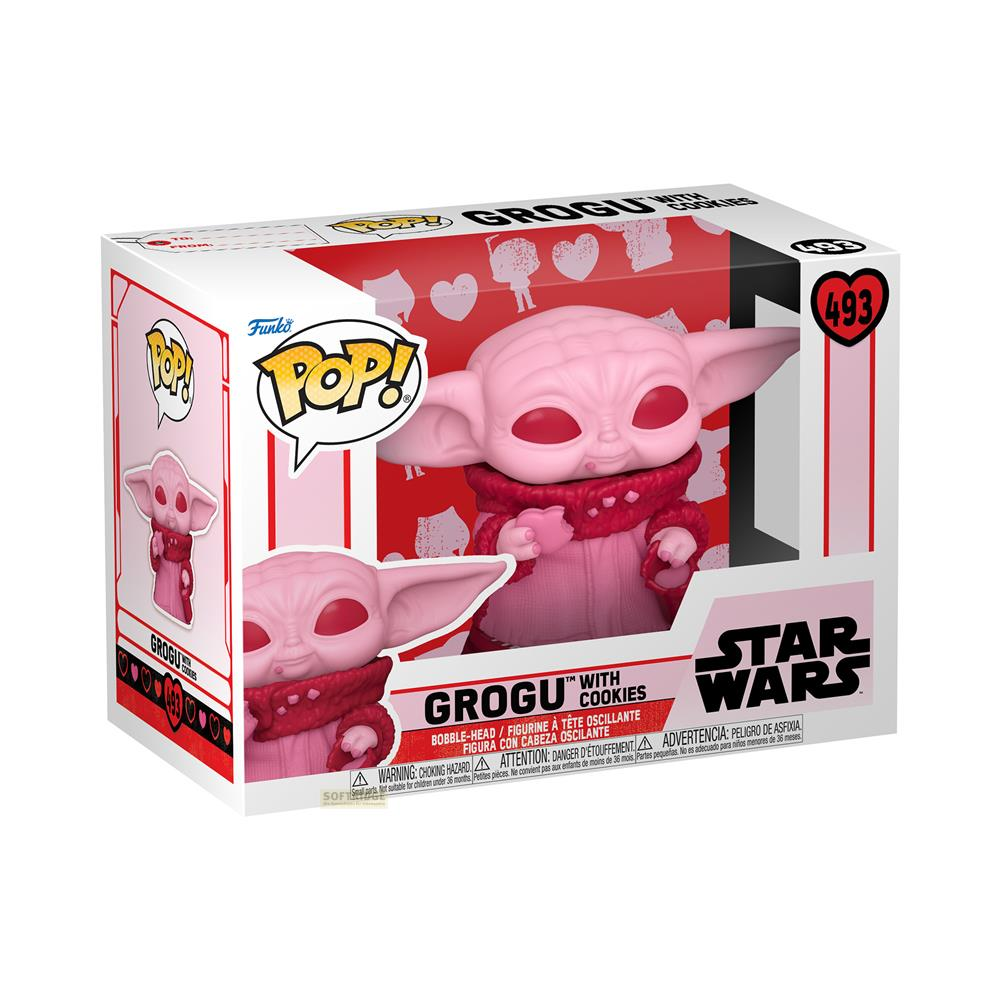 Eine rosa Grogu-Figur mit Keksen in einer Funko Pop! Box, Star Wars.