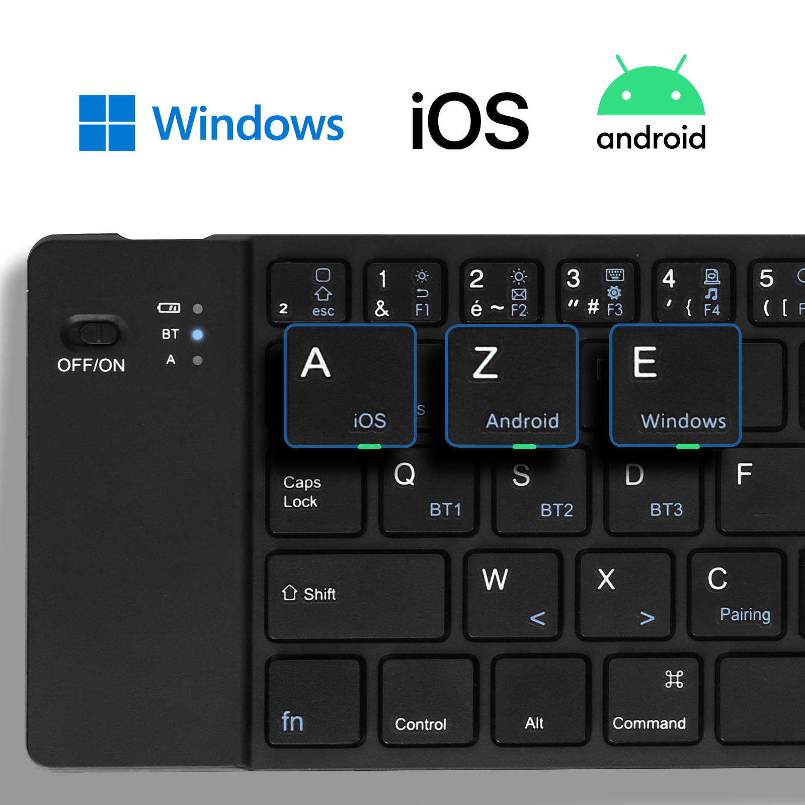 Tastiera nera con tasti per Windows, iOS e Android. Vista ravvicinata.