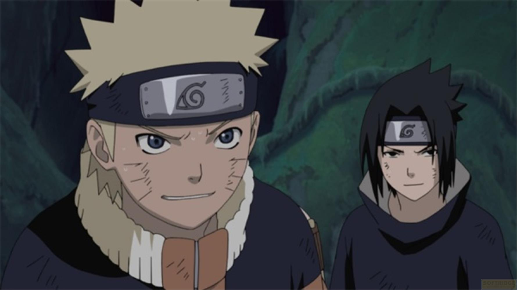 Naruto e Sasuke stanno in una foresta. Naruto ha un'espressione cupa. Sfondo scuro.