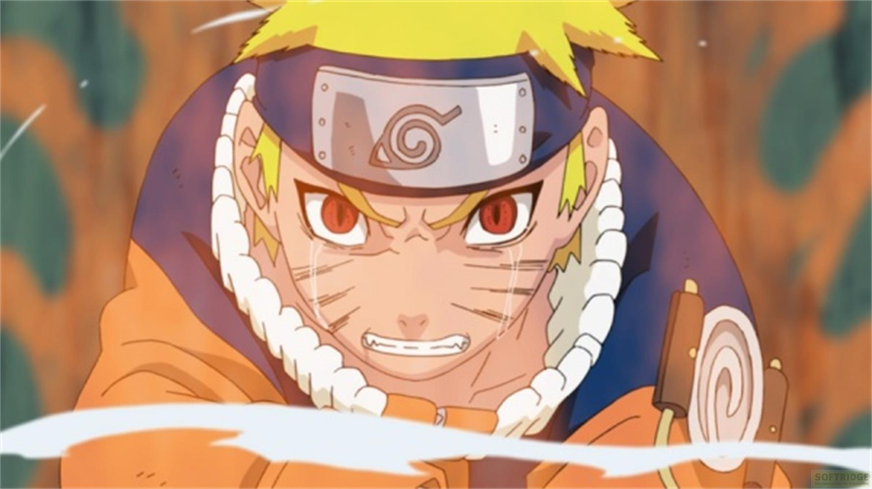 Naruto con occhi rossi, in lacrime e arrabbiato, indossa il suo abito arancione.