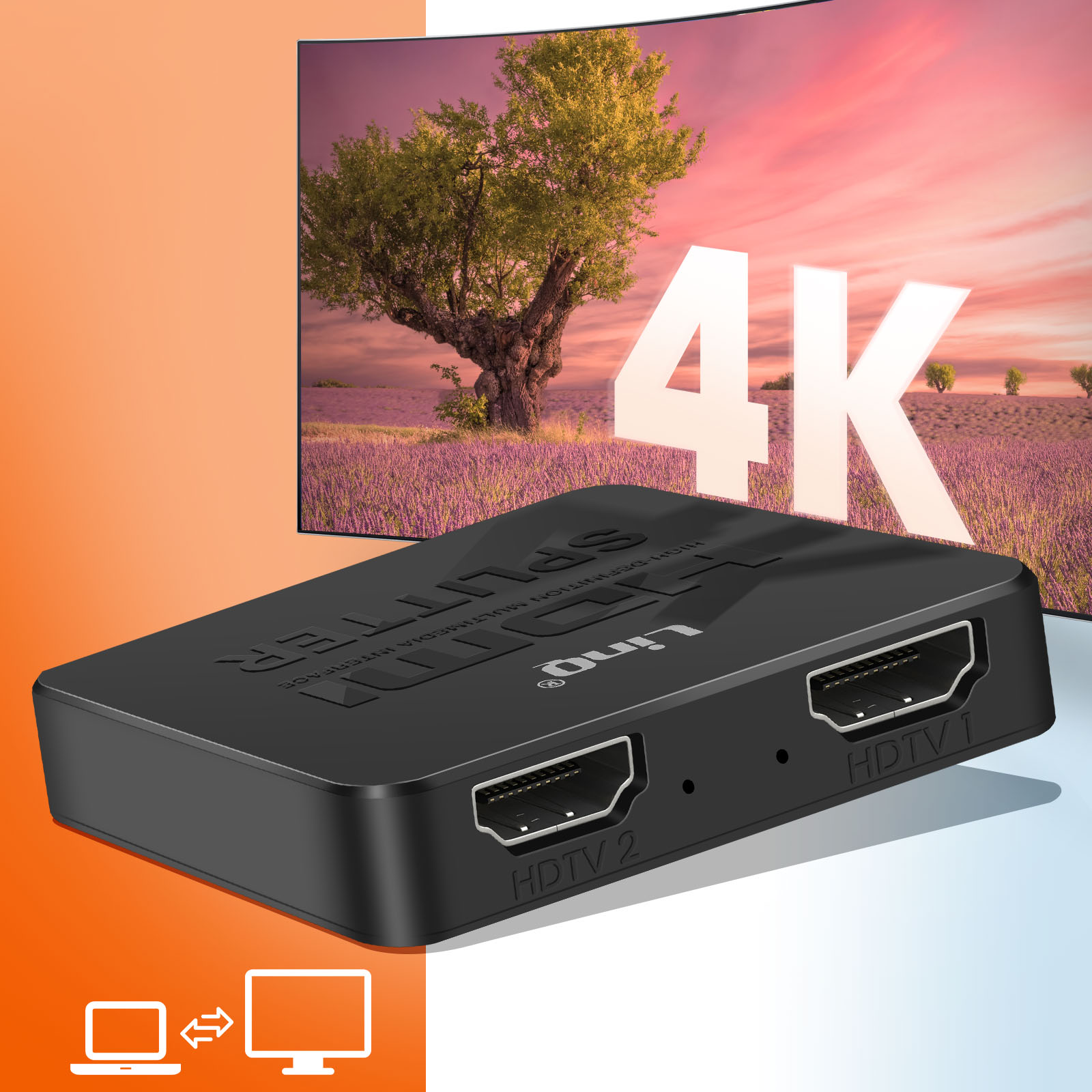 Splitter HDMI nero a 2 porte con display 4K sullo sfondo.