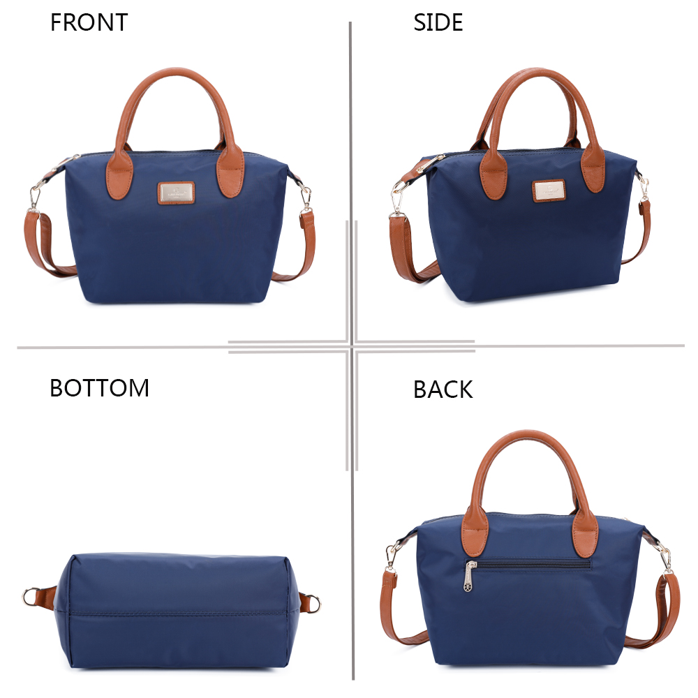 Bolso de tela azul marino con asas y correas de cuero marrón. Vistas frontal, lateral, posterior, inferior.