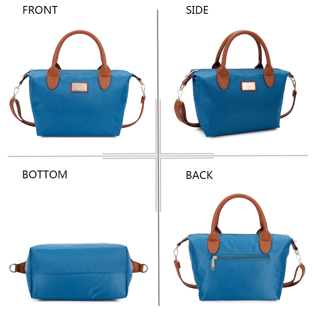 Blaue Tasche mit braunen Griffen, Ansichten von vorne, Seite, Boden und Rckseite.