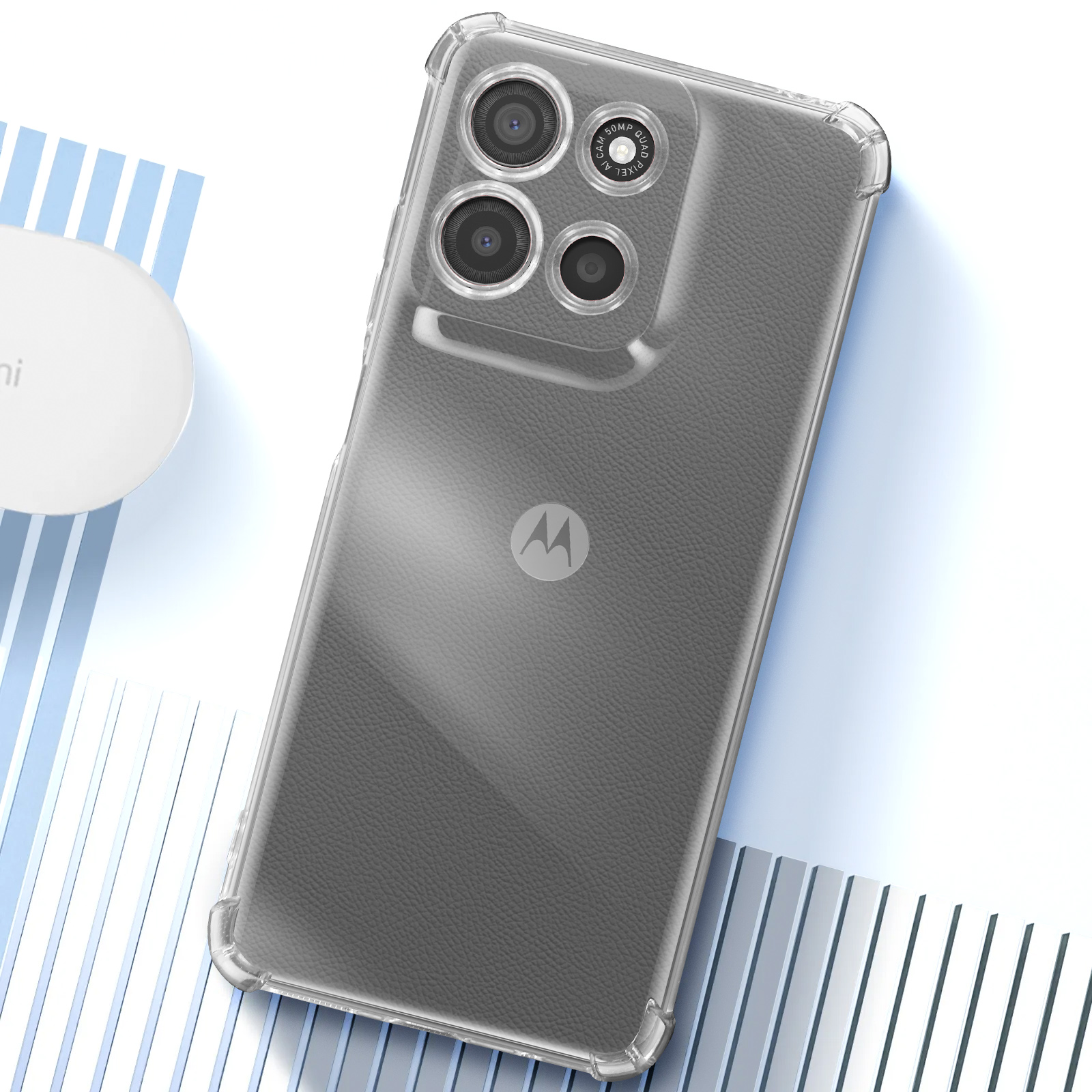 Retro di una cover trasparente per telefono con tre obiettivi e logo Motorola.