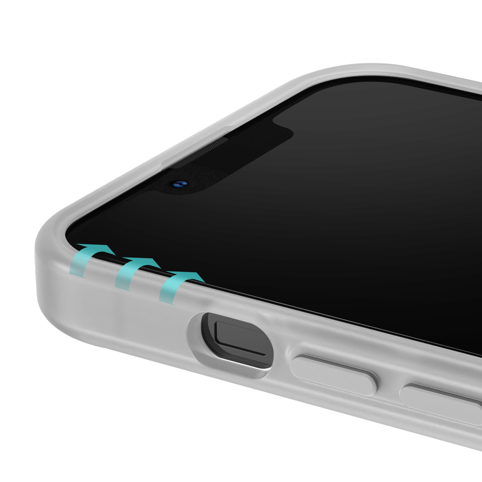Gros plan d'une coque de téléphone blanche avec des flèches indiquant le flux d'air.
