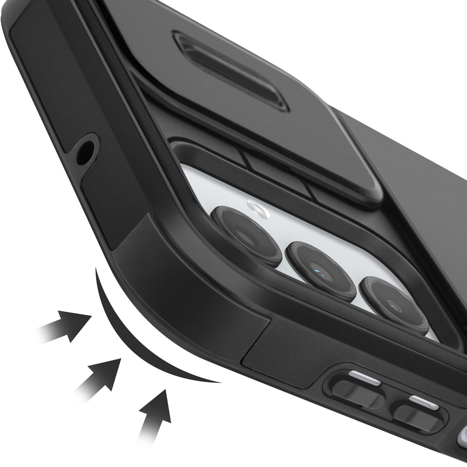 Custodia nera per telefono con tre lenti della fotocamera e frecce che indicano l'assorbimento degli urti.