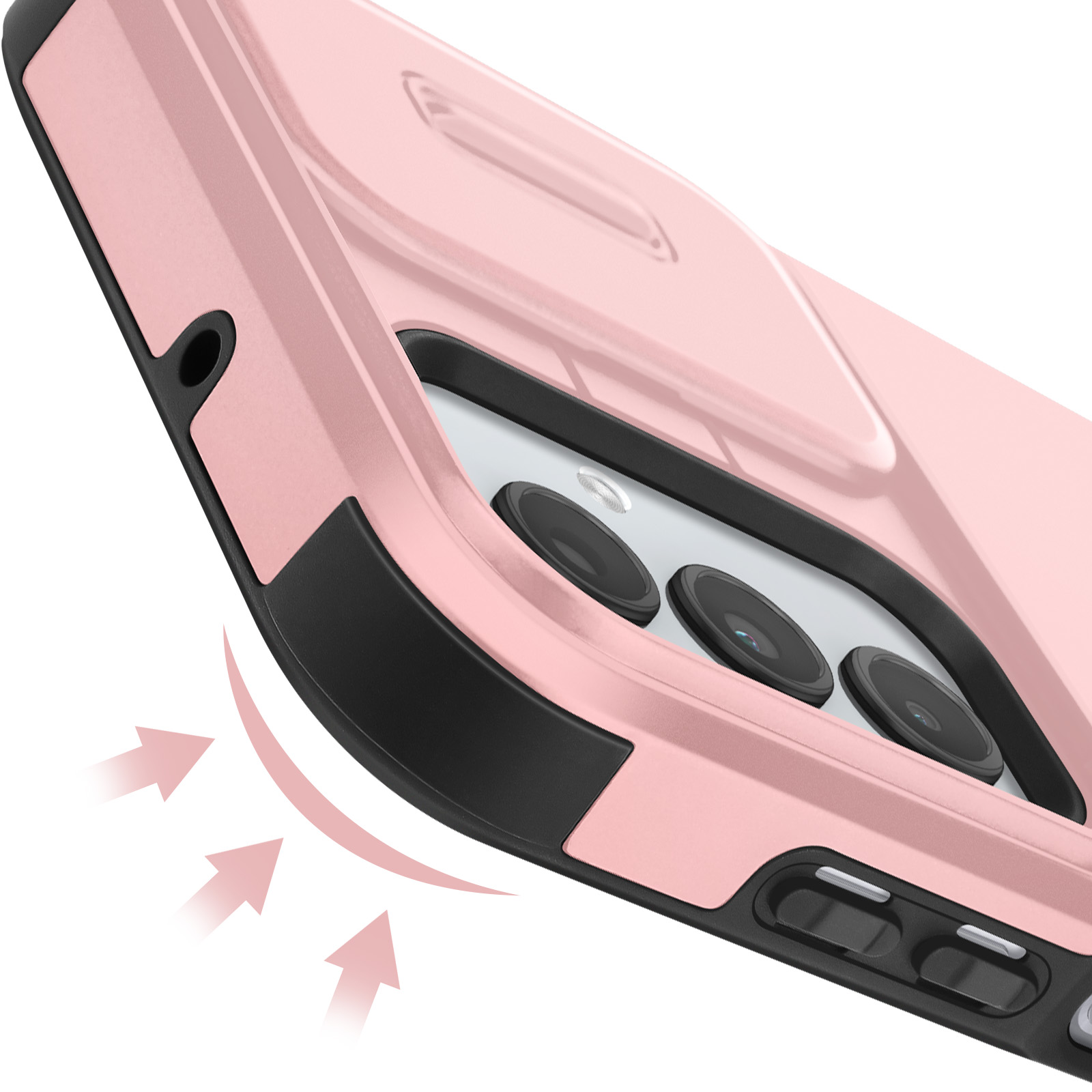 Custodia rosa per telefono con angoli neri e obiettivi della fotocamera. Frecce indicano protezione.