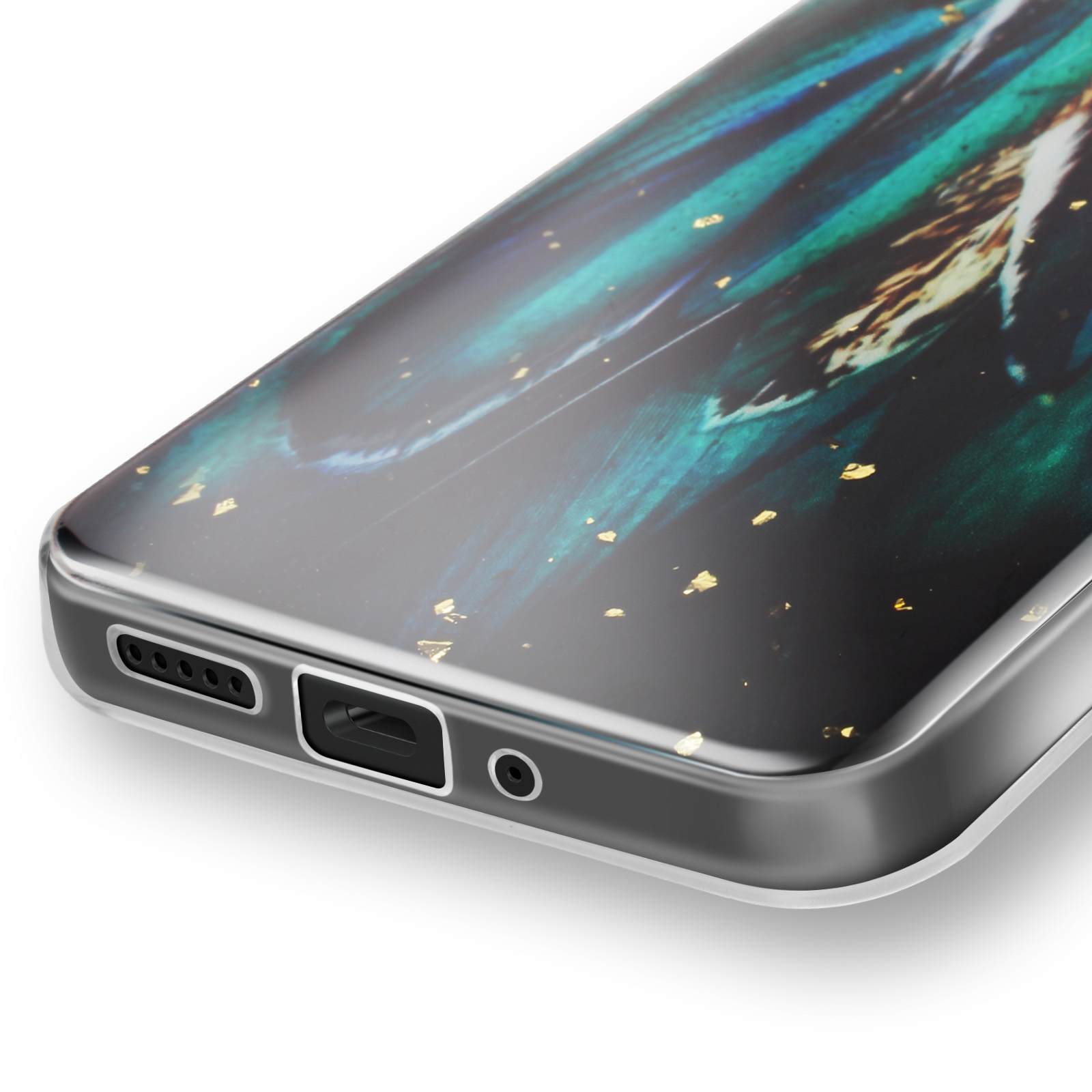 Uno smartphone con motivo blu scuro e verde con pagliuzze dorate.
