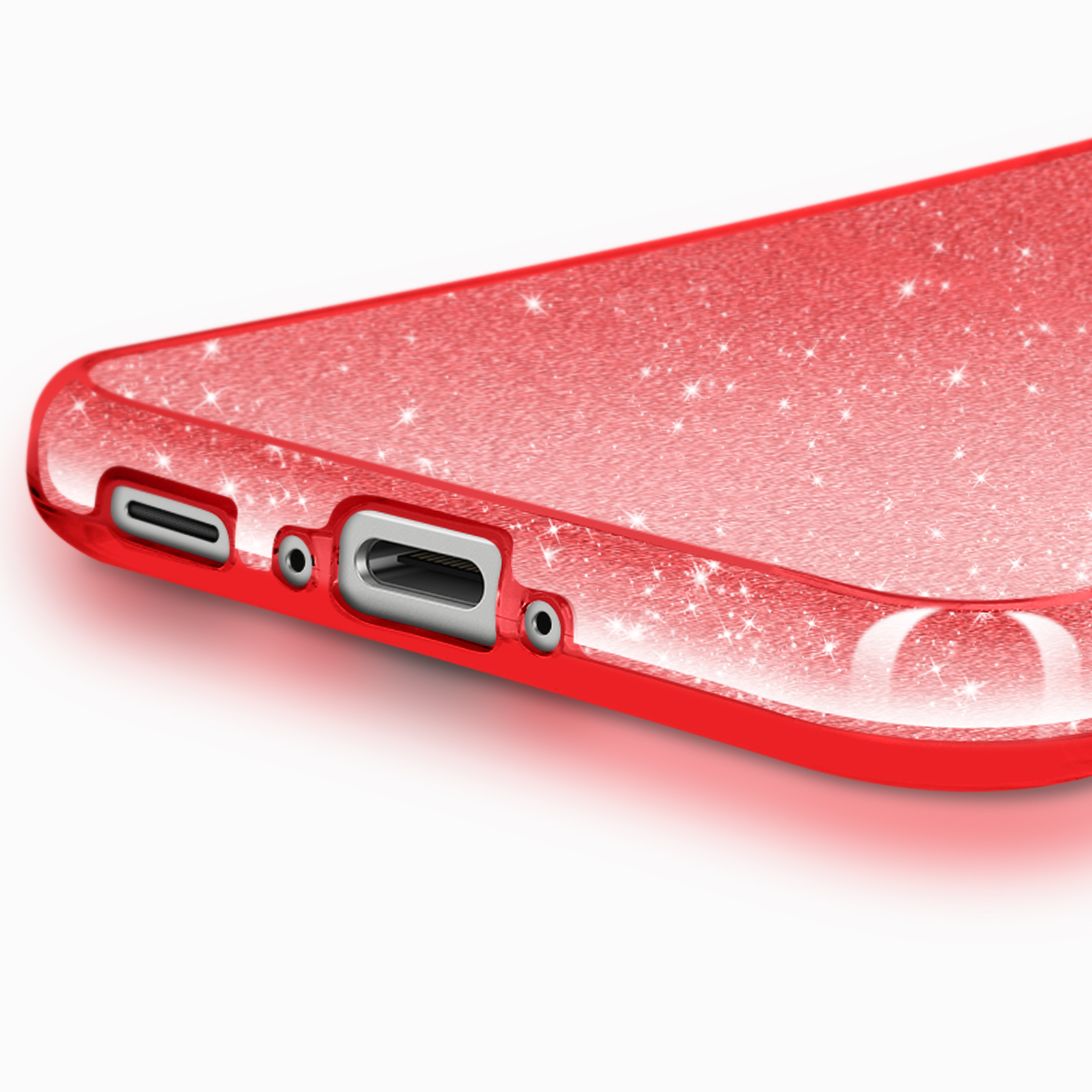 Coque rouge pailletée avec port de charge.