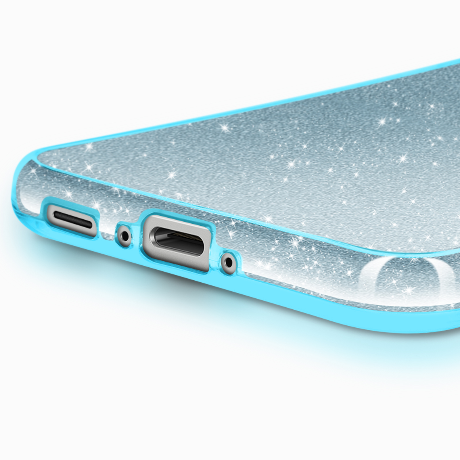 Une coque de téléphone bleu clair avec des détails brillants et des ports de charge.