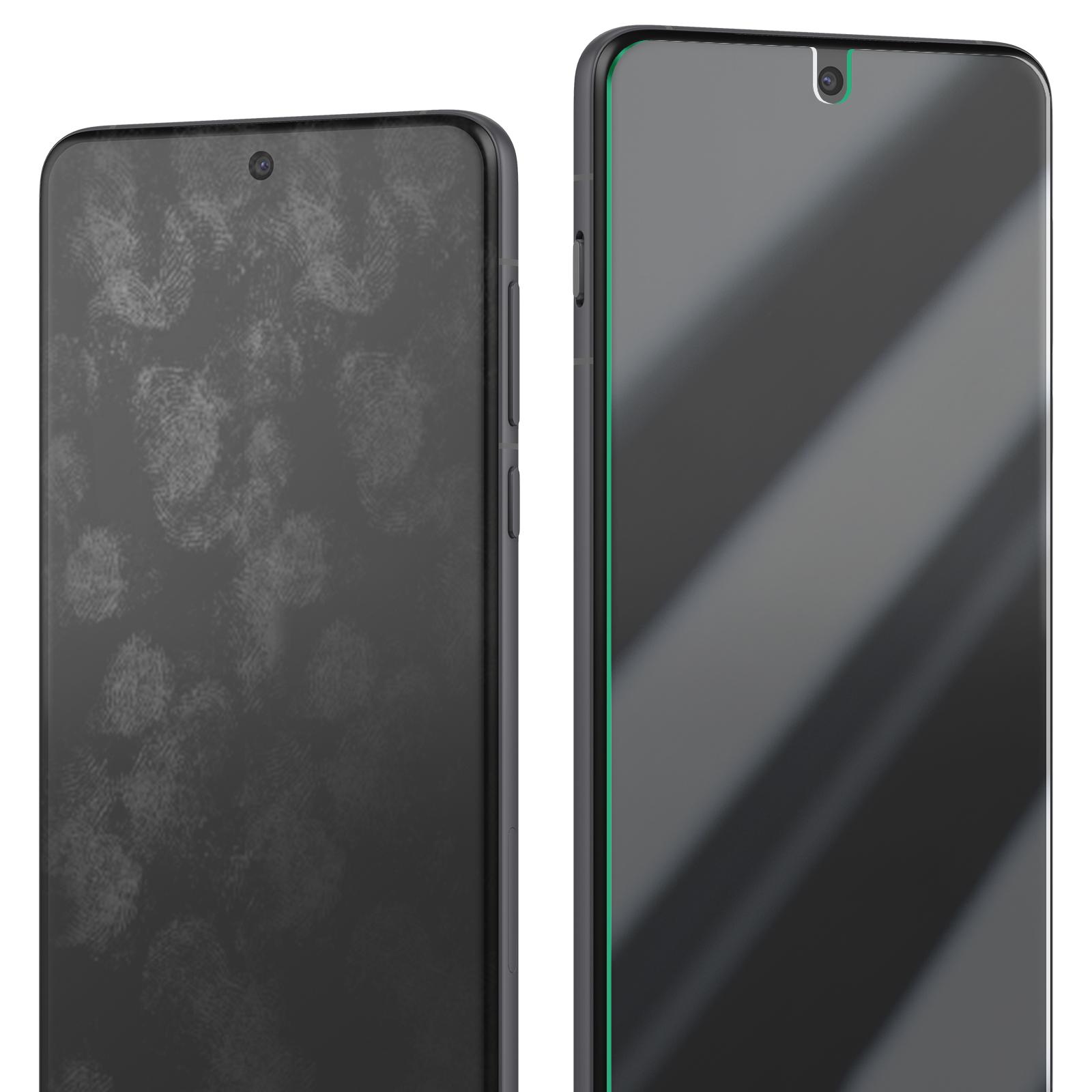 Due smartphone uno accanto all'altro. A sinistra, un telefono nero con impronte. A destra, un telefono nero con bordo verde.