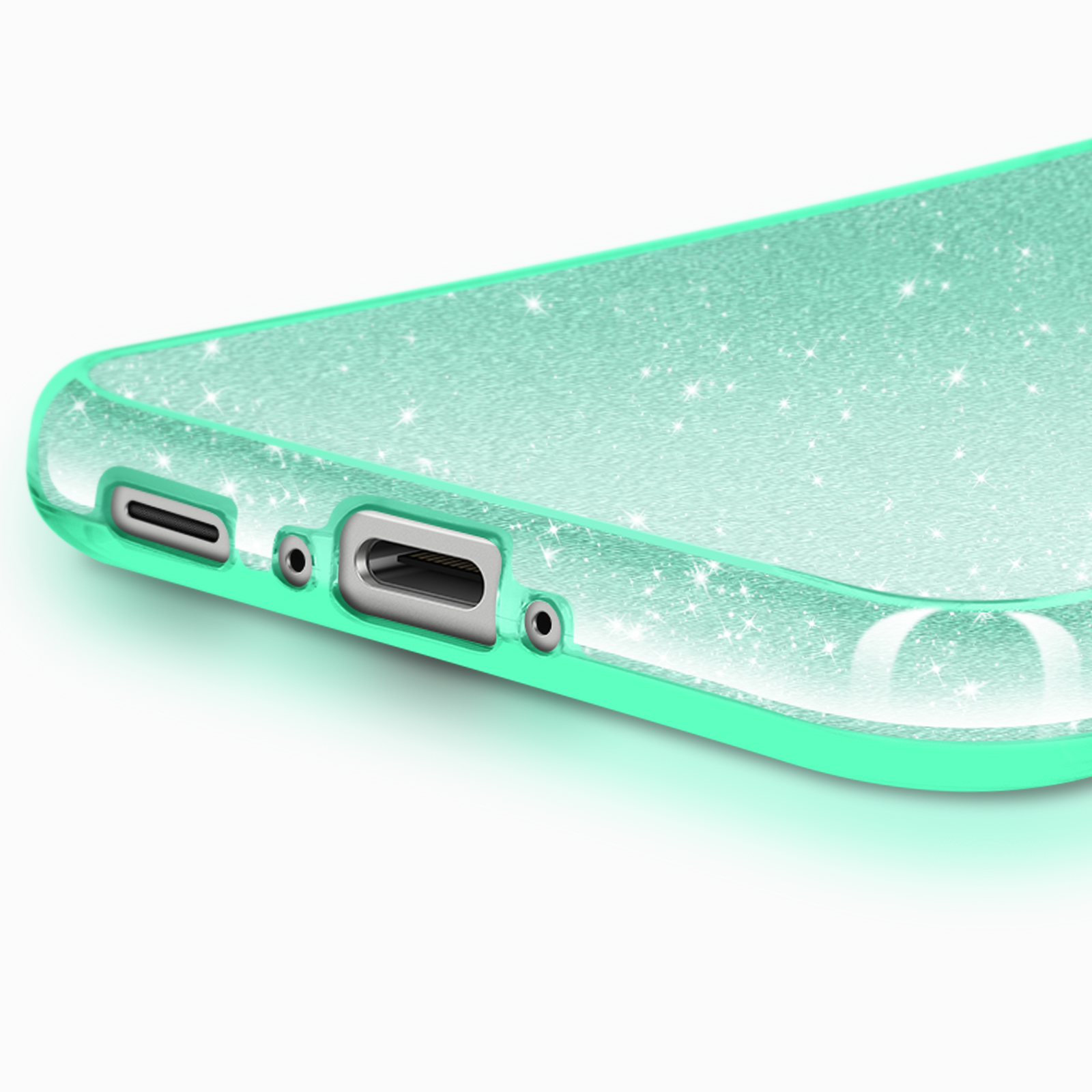 Coque de téléphone turquoise pailletée, gros plan des ports.