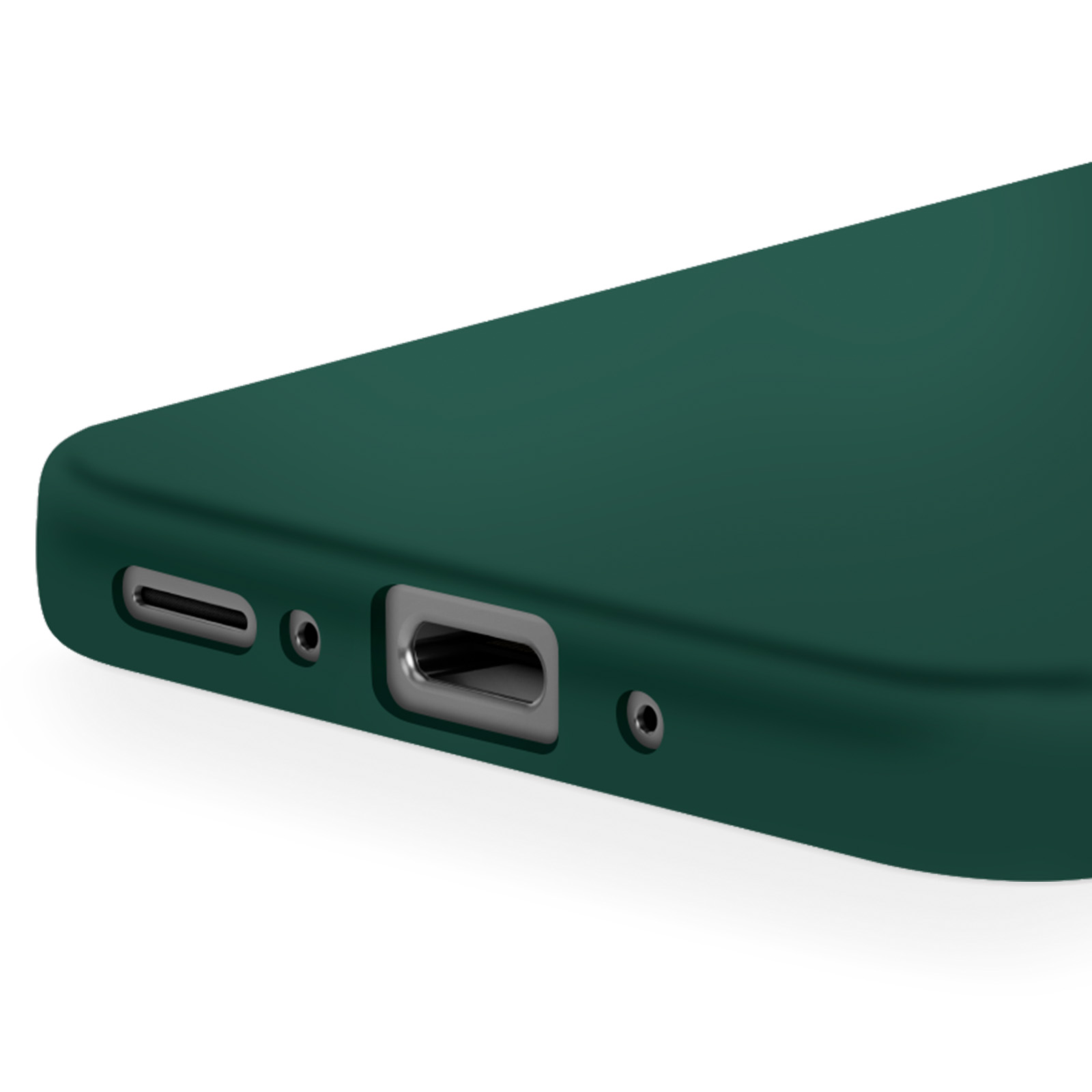 Coque de téléphone vert foncé avec port de charge et trous.
