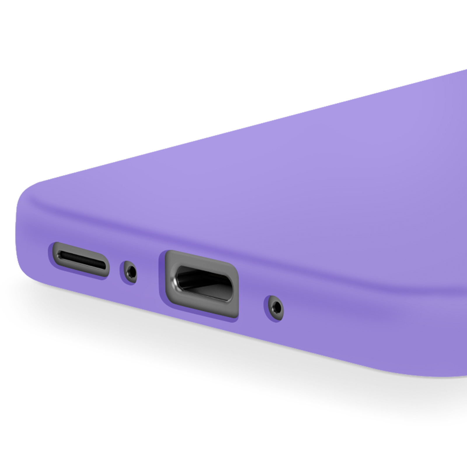 Coque violette avec port de charge et trous de haut-parleur sur fond blanc.