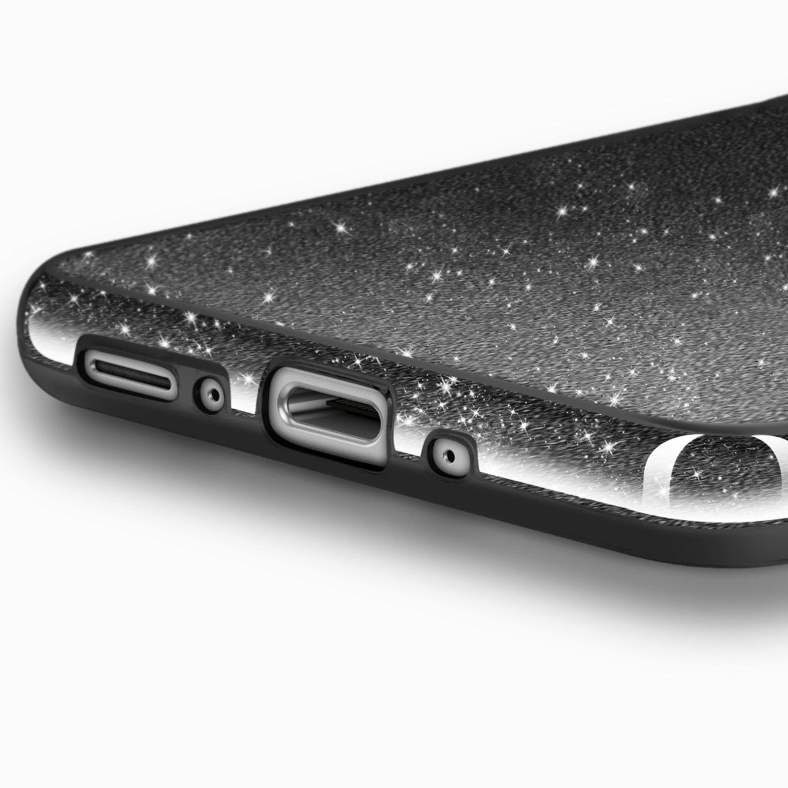 Cover nera per telefono con motivo a stelle glitterate e ritagli per porte.
