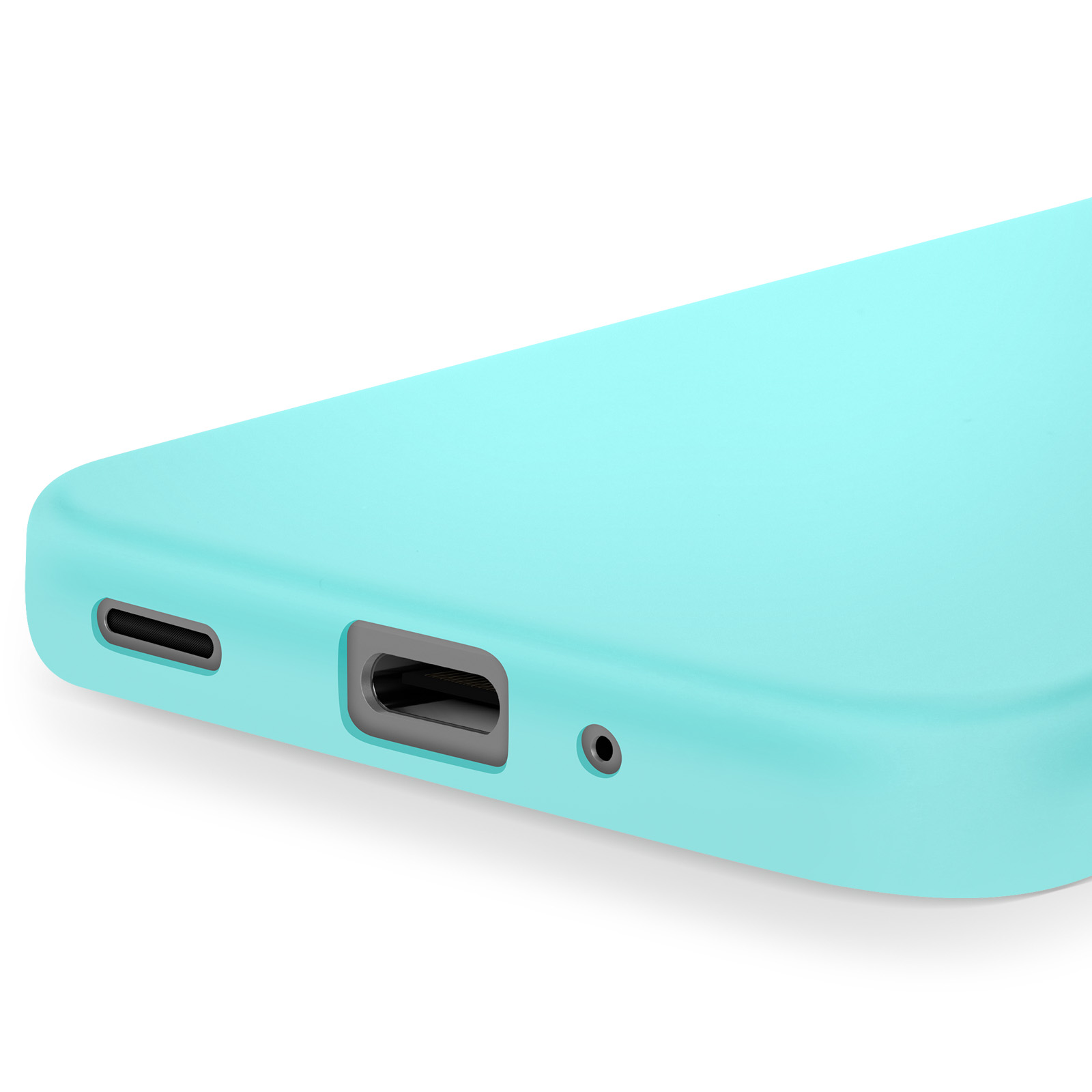 Custodia turchese per telefono con porta di ricarica e jack per cuffie.