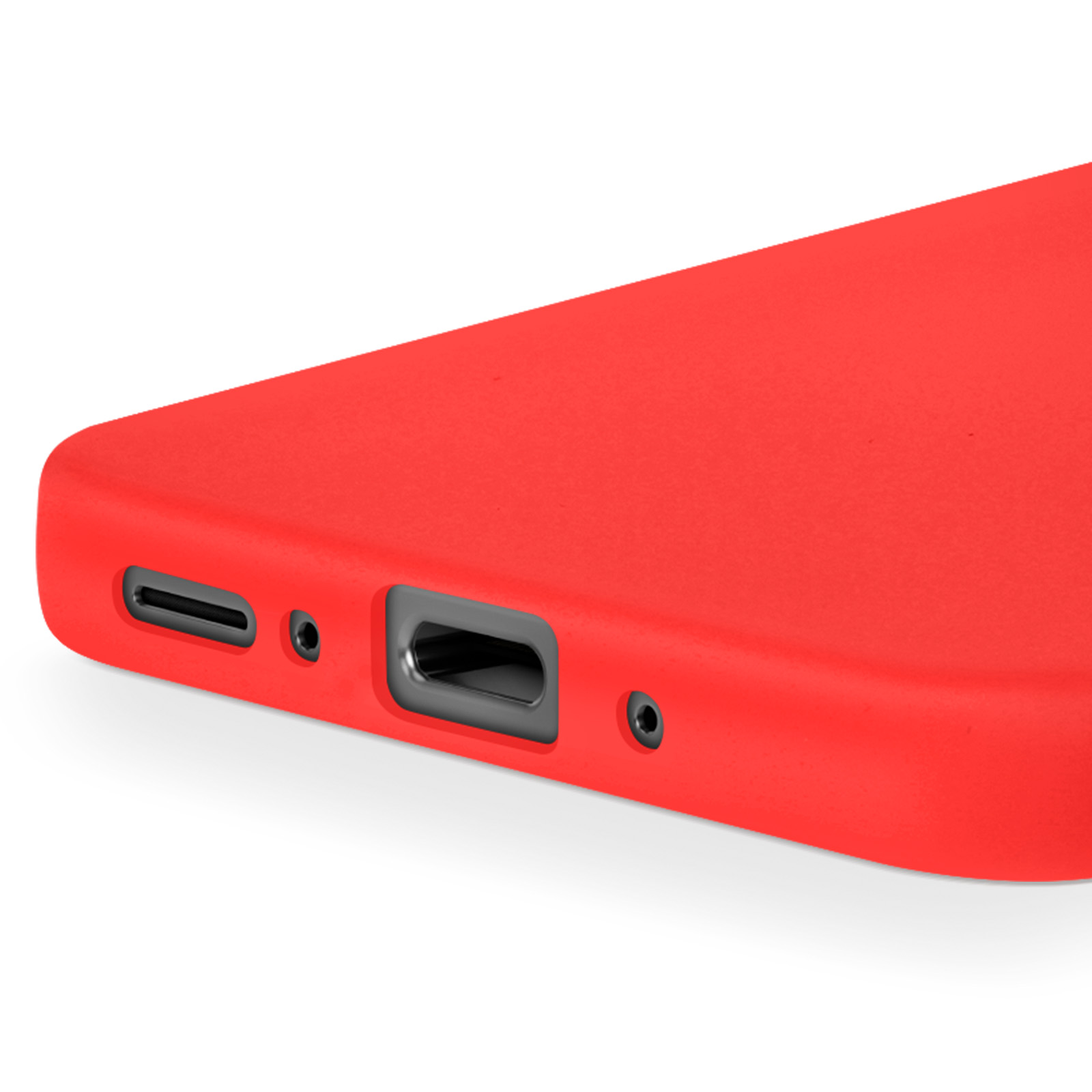 Dettaglio custodia rossa per telefono con porte e griglia altoparlante.