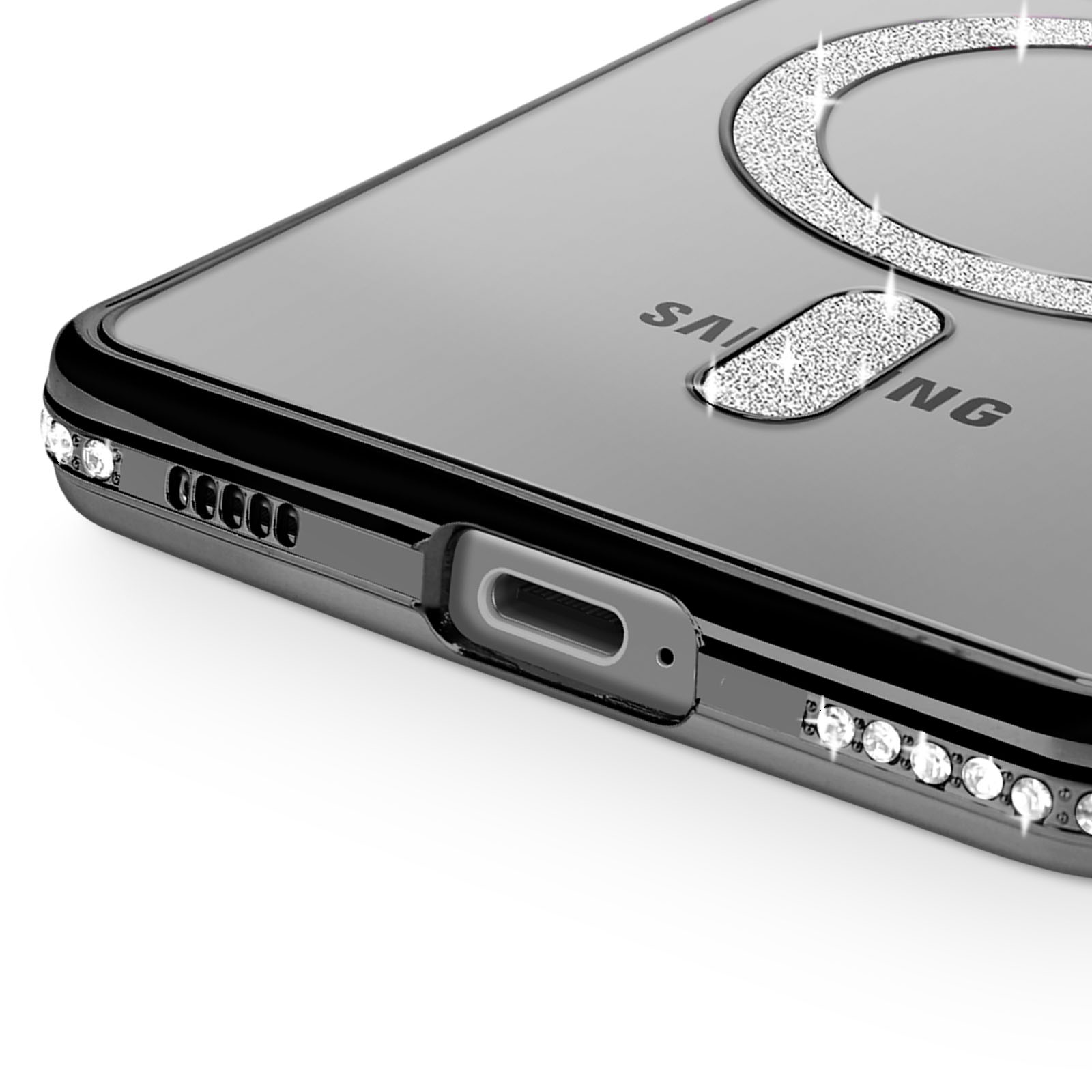 Primo piano di una cover nera per telefono con accenti scintillanti e logo Samsung.