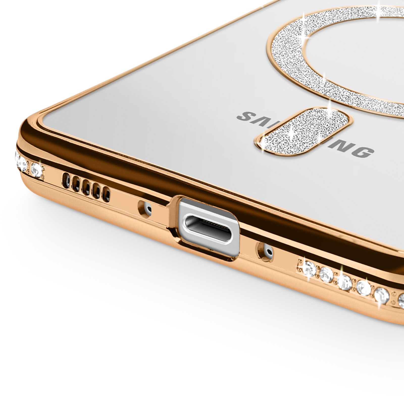 Custodia dorata per telefono con cristalli, porta USB-C e aperture per altoparlanti.