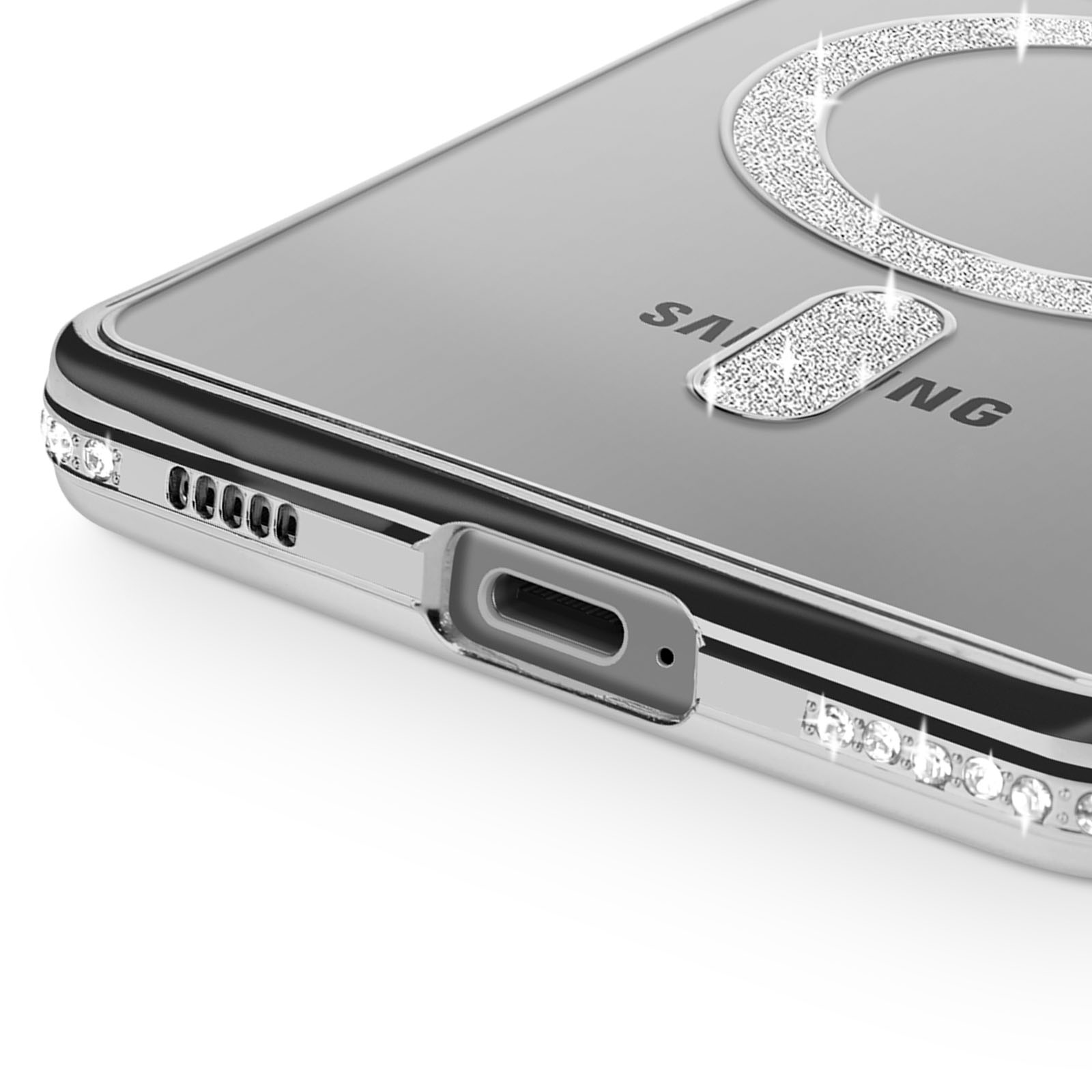 Custodia trasparente per telefono con dettagli glitter e logo Samsung.