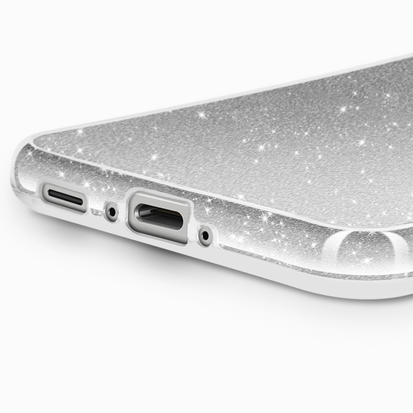 Coque de téléphone argentée pailletée avec ports.