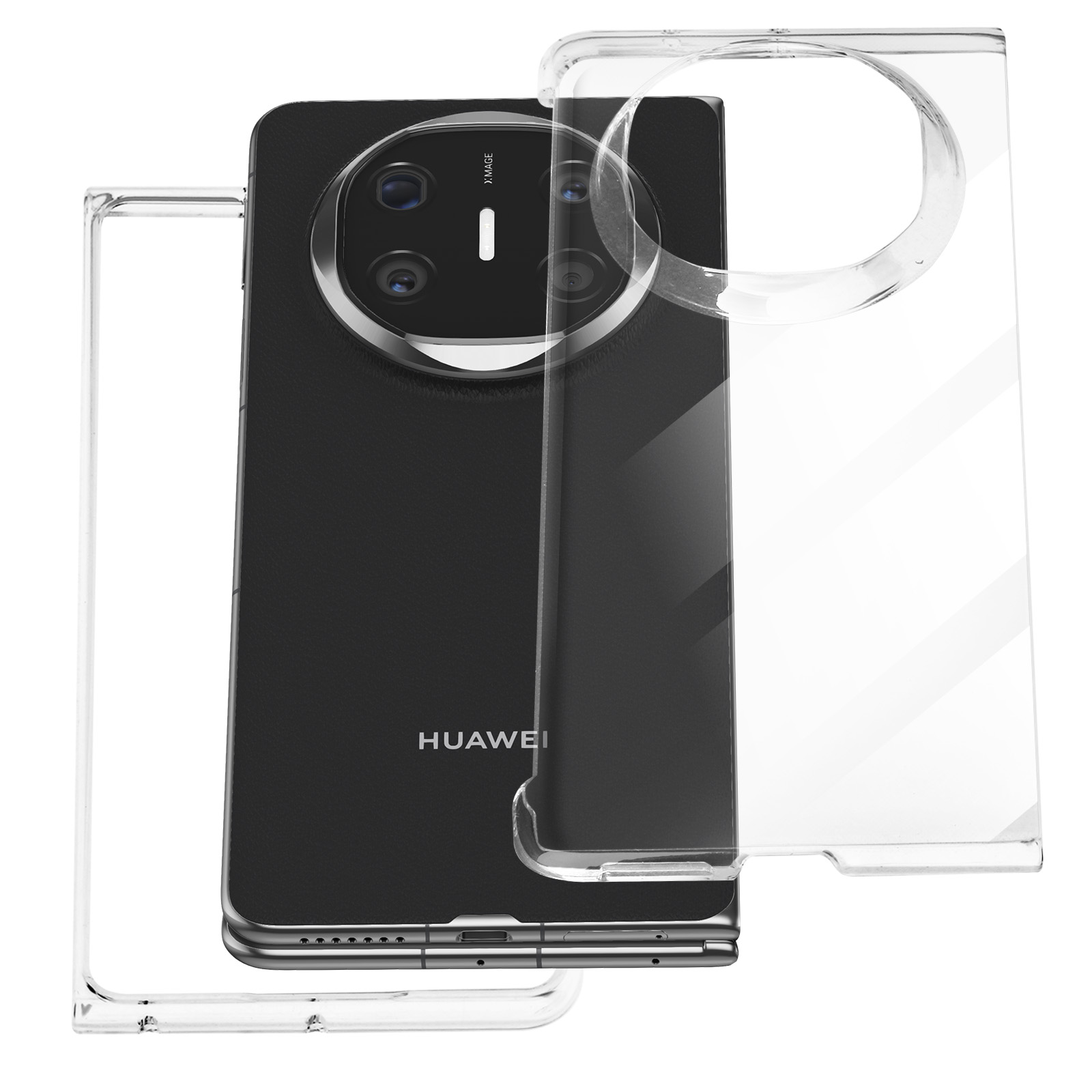 Uno smartphone nero con custodia protettiva trasparente su sfondo bianco.