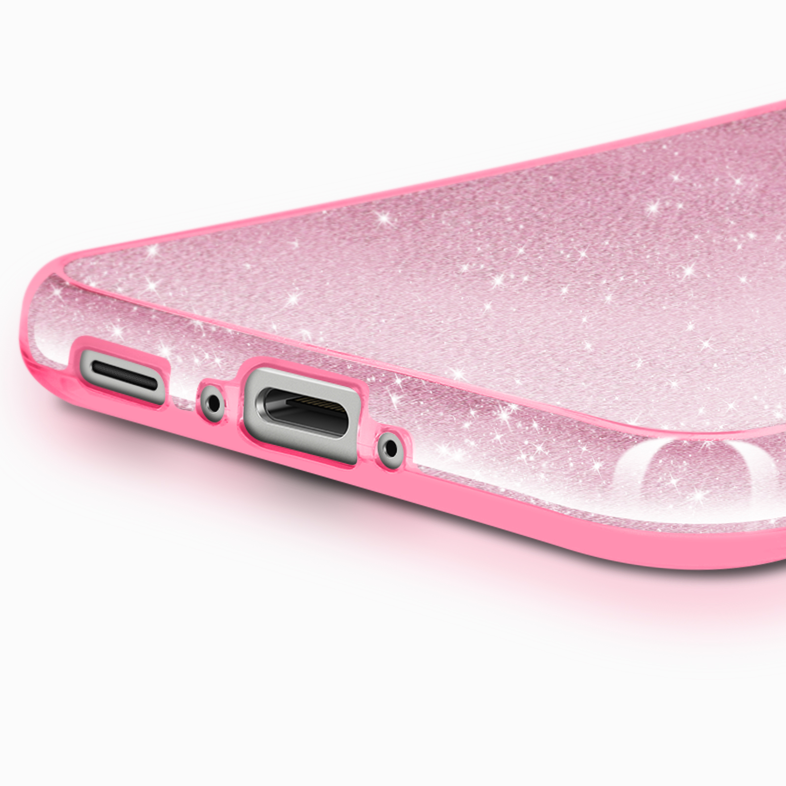 Coque de téléphone rose à paillettes et ports détaillés.
