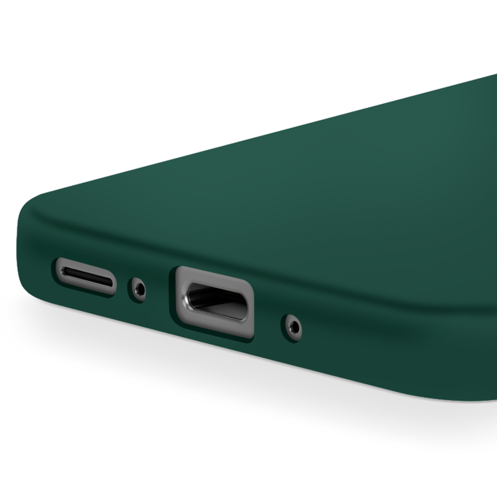 Custodia verde scuro per telefono con porta di ricarica e aperture.